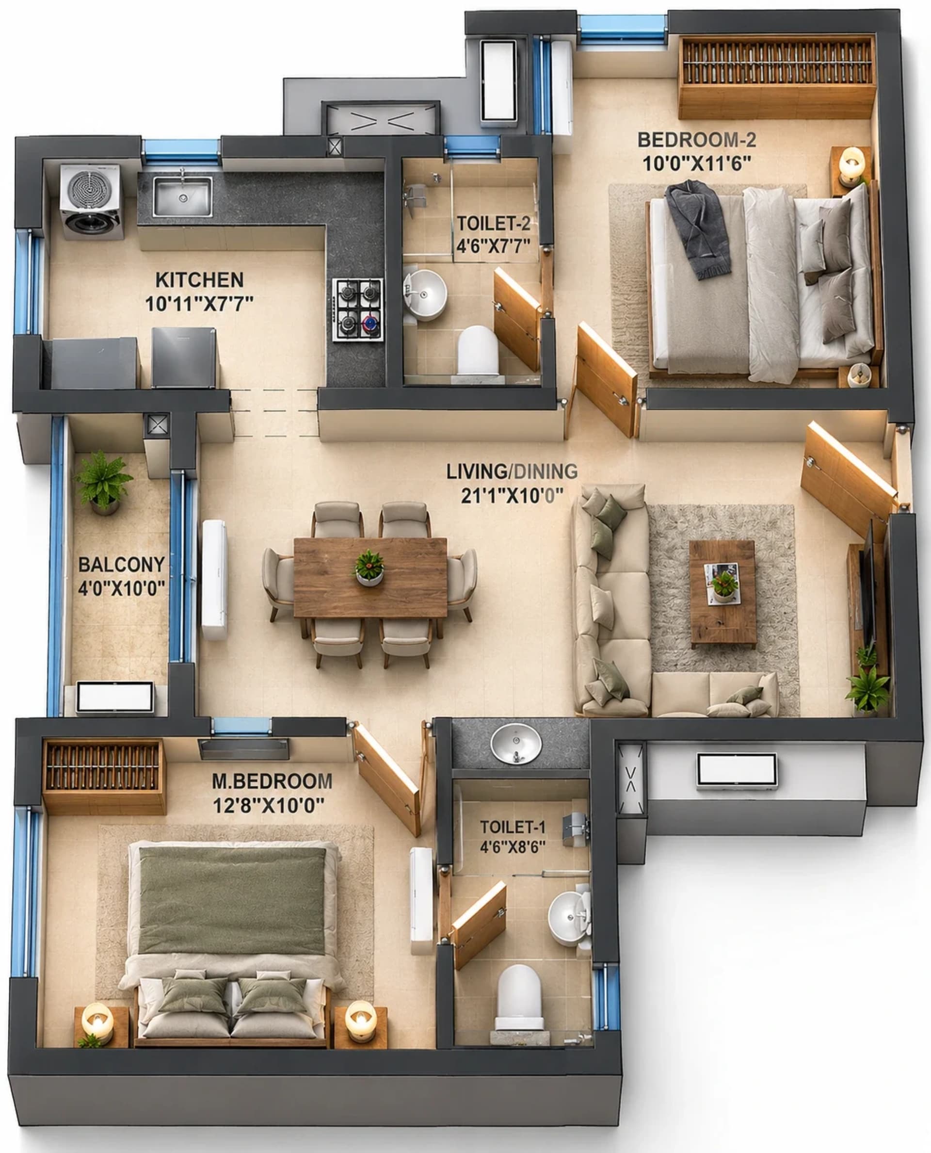 2 BHK Homes floor plan — 1,002 sqft