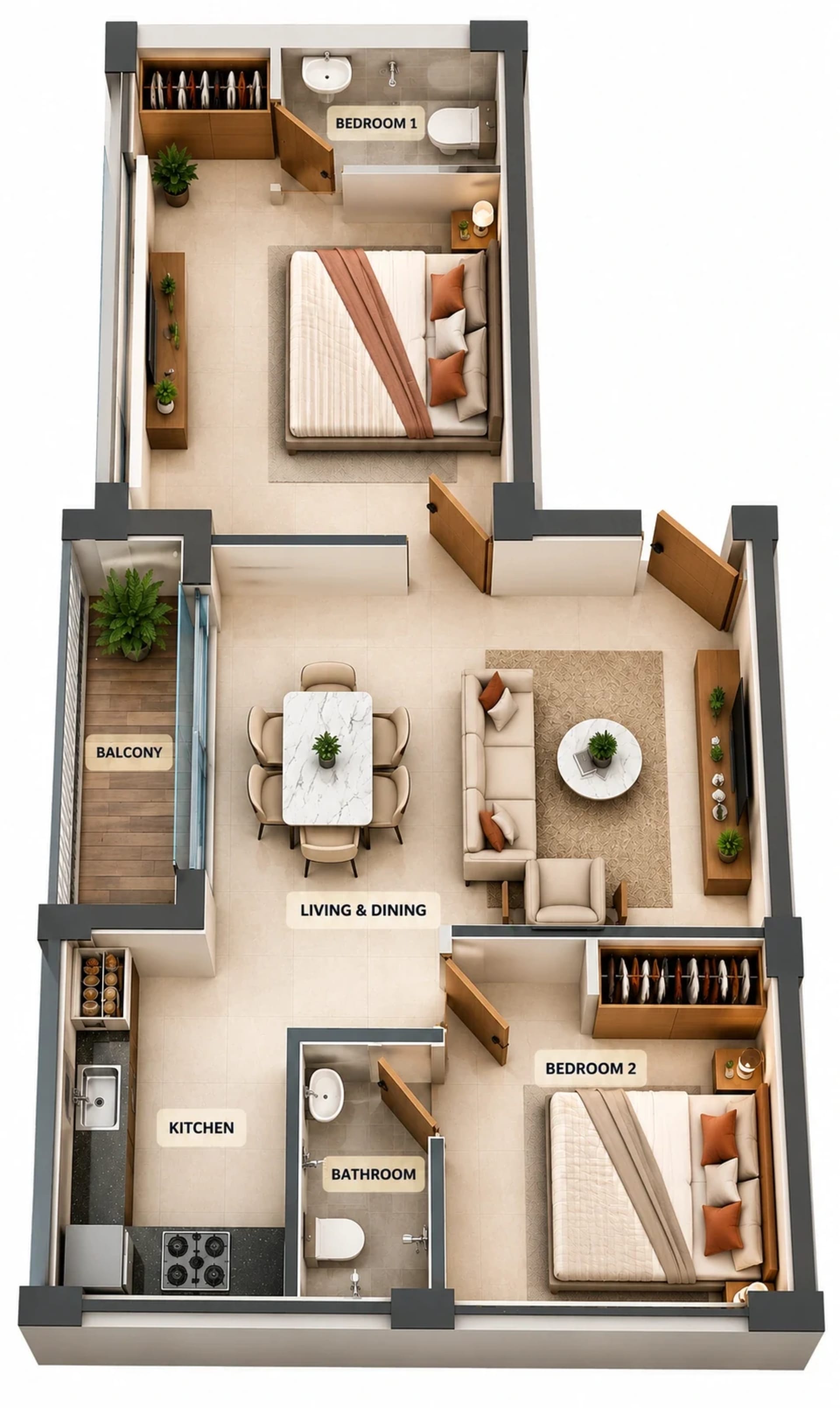 2 BHK Apartment floor plan — 935 sqft