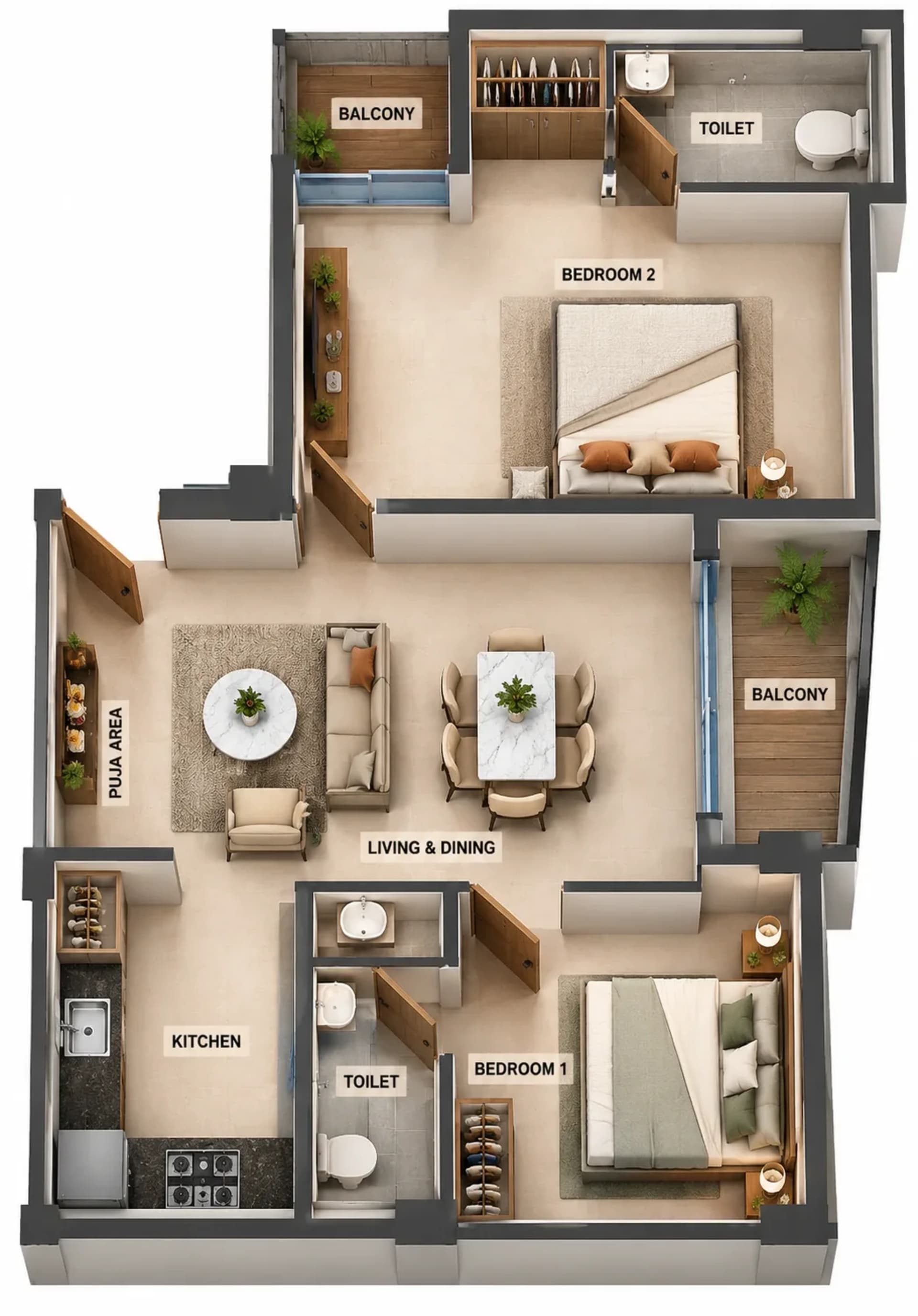 2 BHK Apartment floor plan — 1,100 sqft