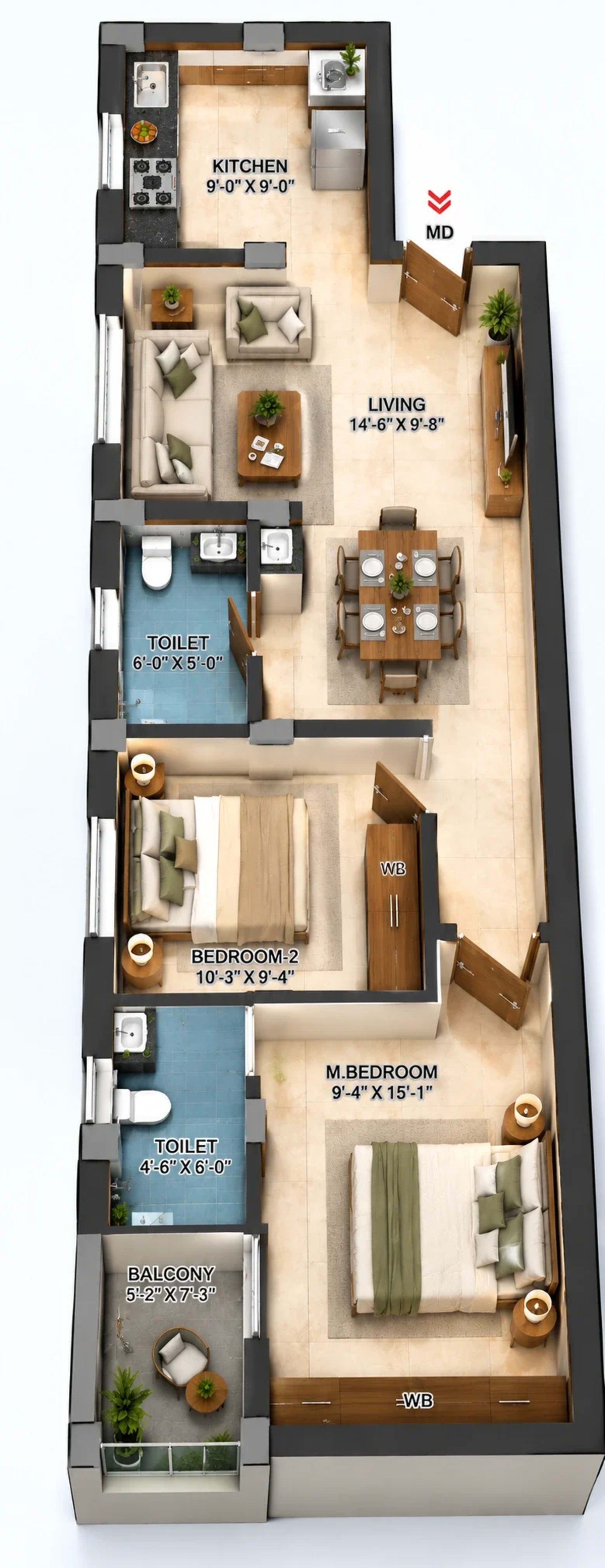 2 BHK Apartment floor plan — 941 sqft