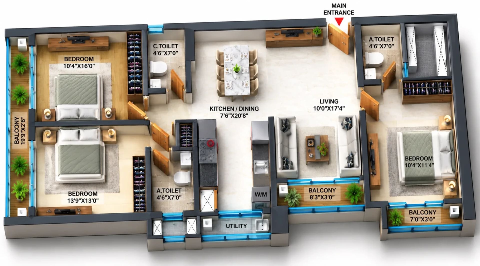 3 BHK Apartment Floor Plan – SPR Sky Towers