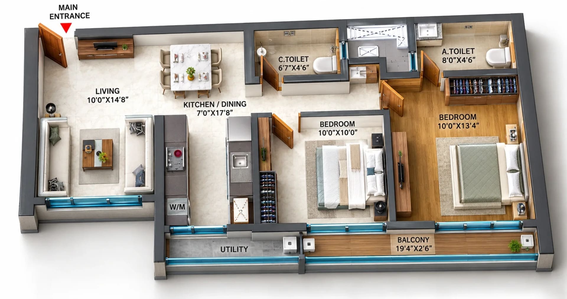 2 BHK Apartment Floor Plan – SPR Sky Towers