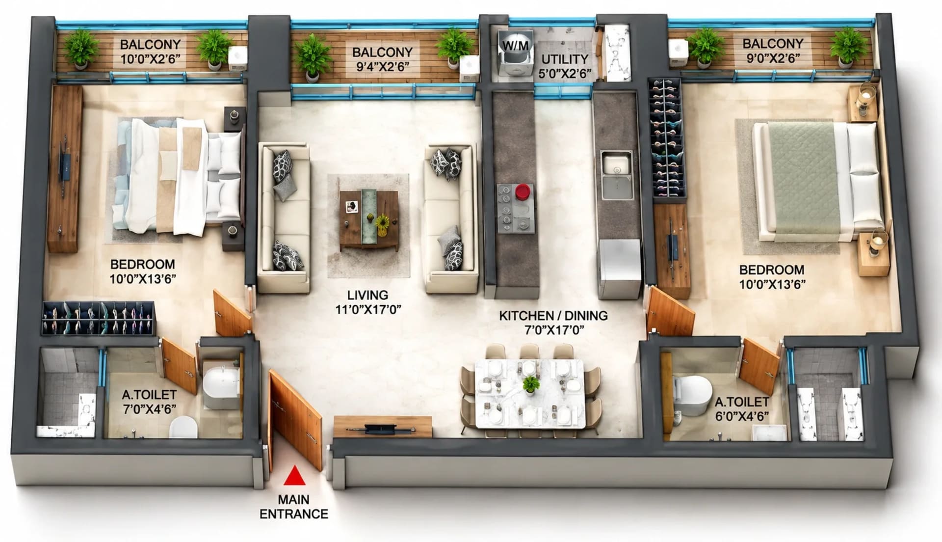 2 BHK Apartment Floor Plan – SPR Sky Towers