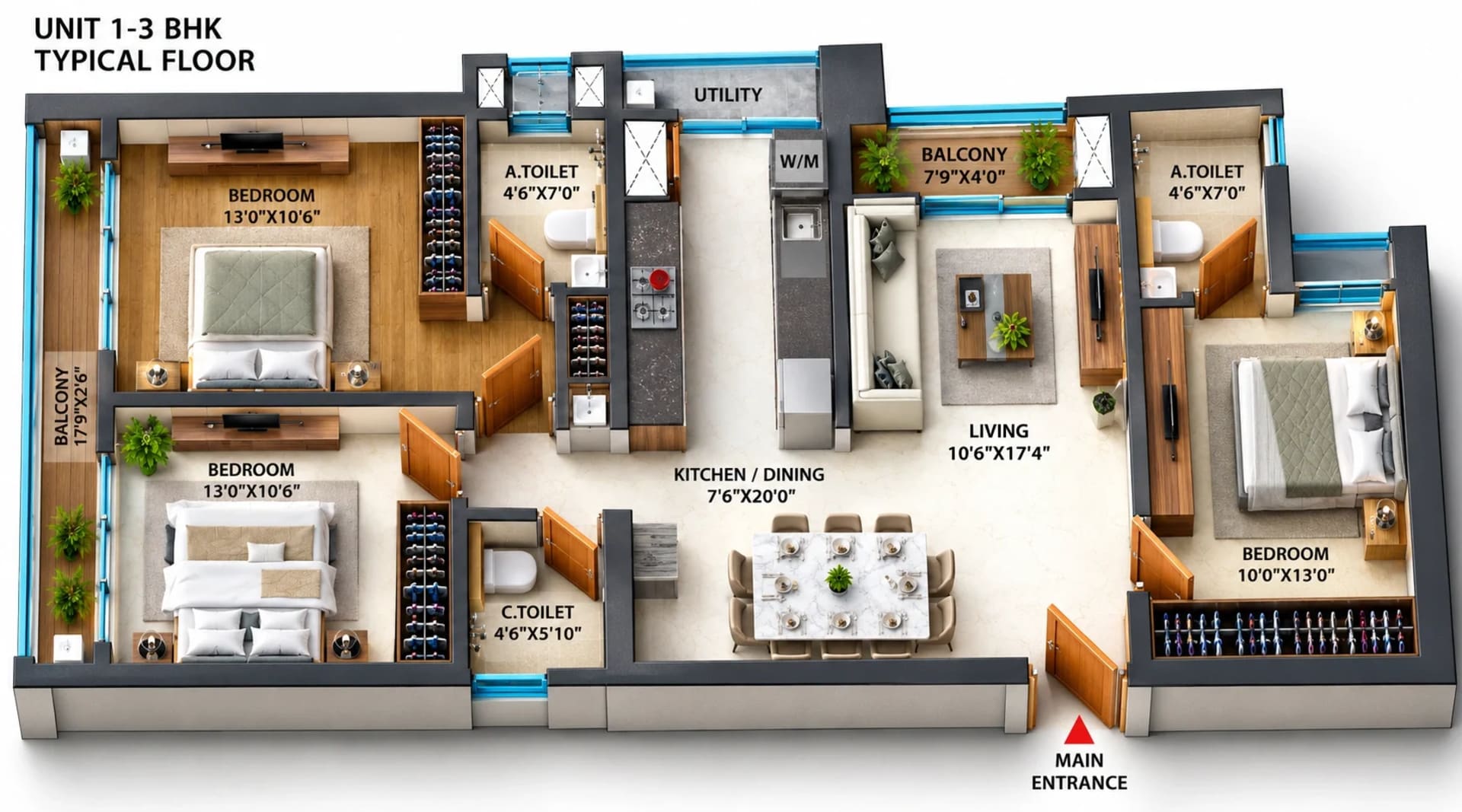 3 BHK Apartment Floor Plan – SPR Sky Towers