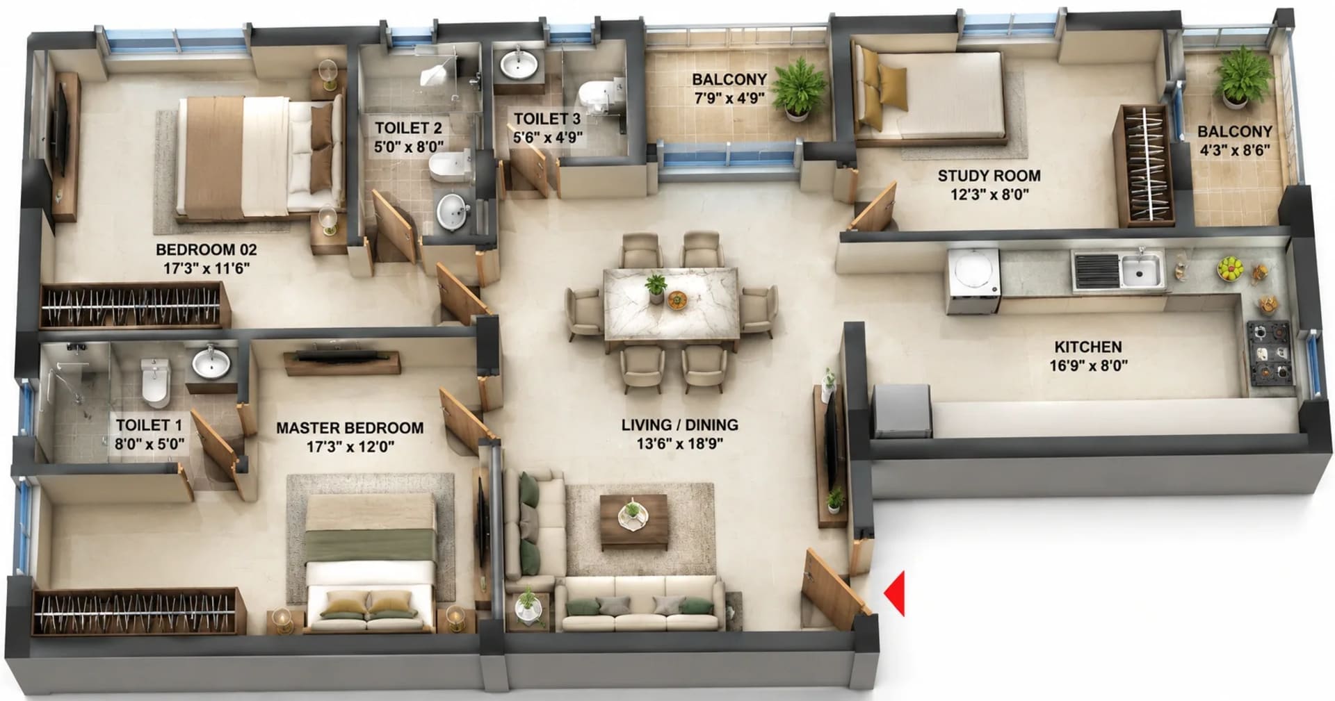 3 BHK Apartment floor plan — 1,392 sqft