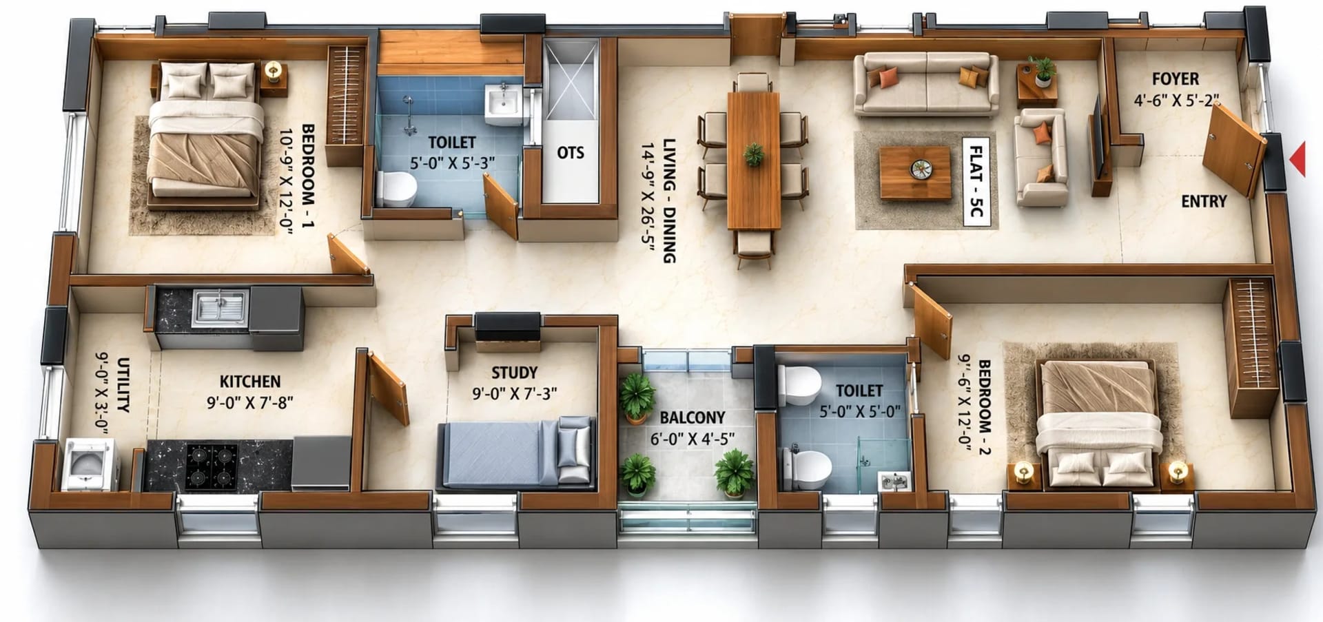 2.5 BHK Apartment floor plan — 1,090 sqft