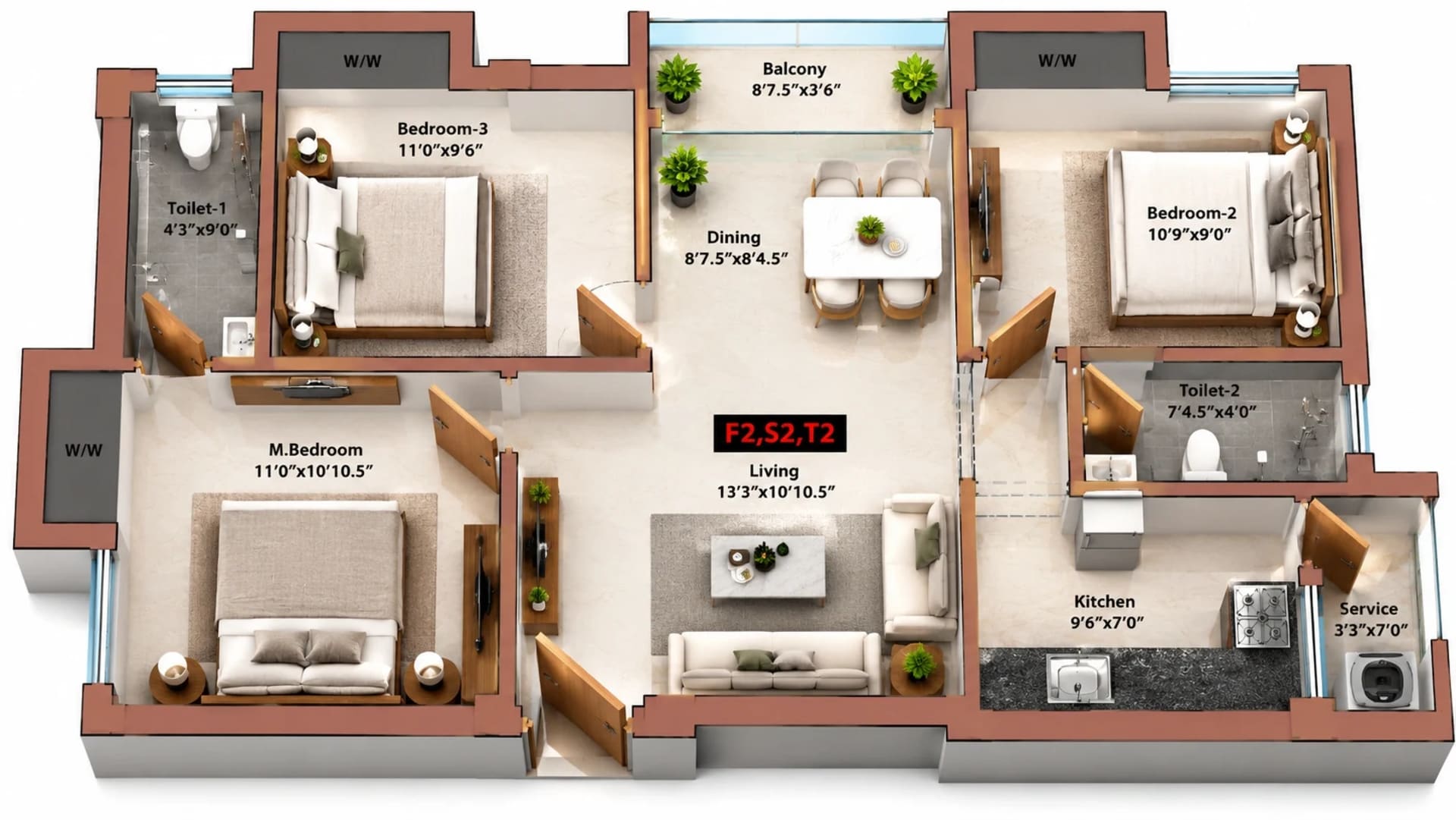 3 BHK Apartment Floor Plan – MP Rue Radiale 