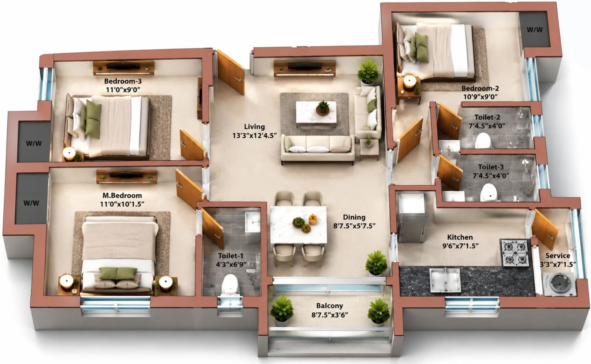 3 BHK Apartment Floor Plan – MP Rue Radiale