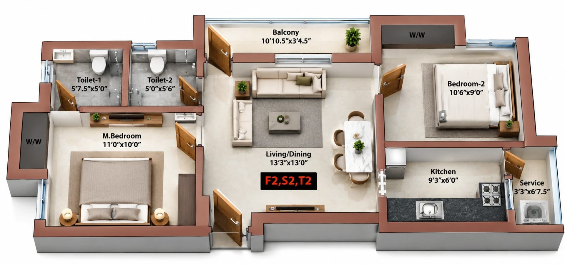 2 BHK Apartment  Floor Plan – MP Rue Radiale 