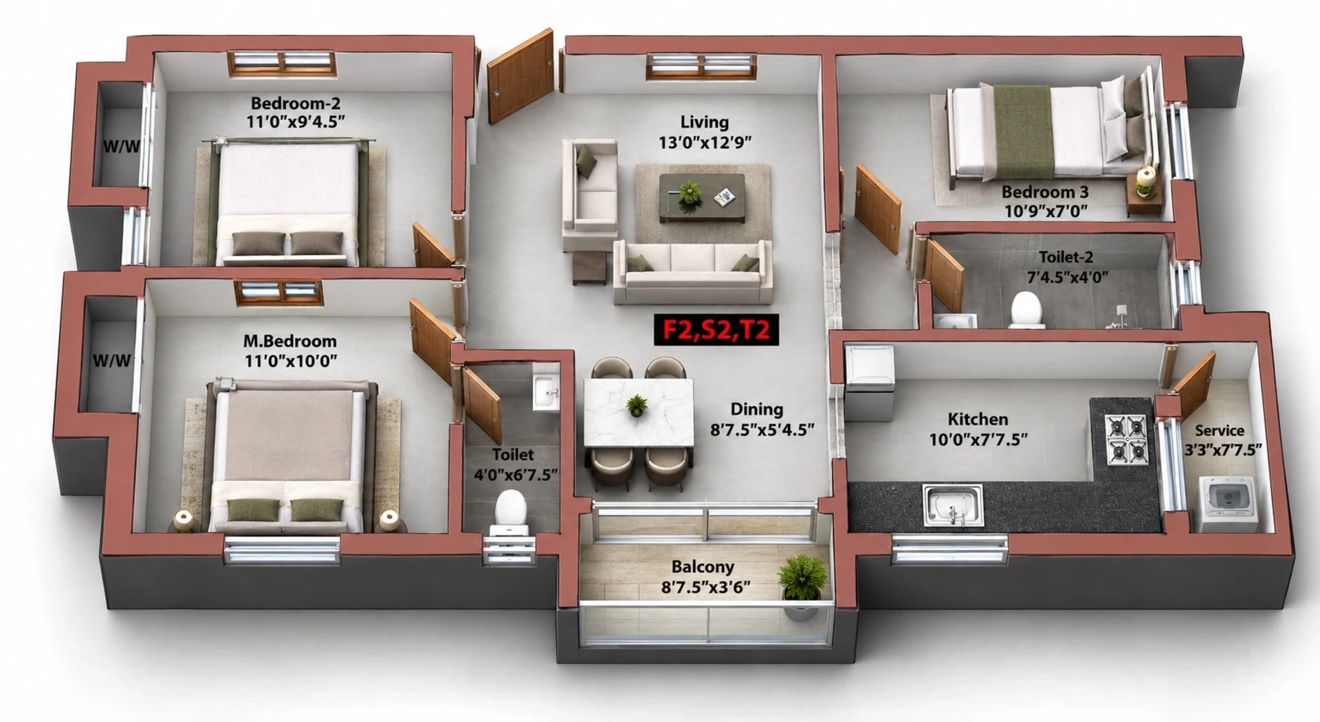 3 BHK Apartment Floor Plan – MP Rue Radiale