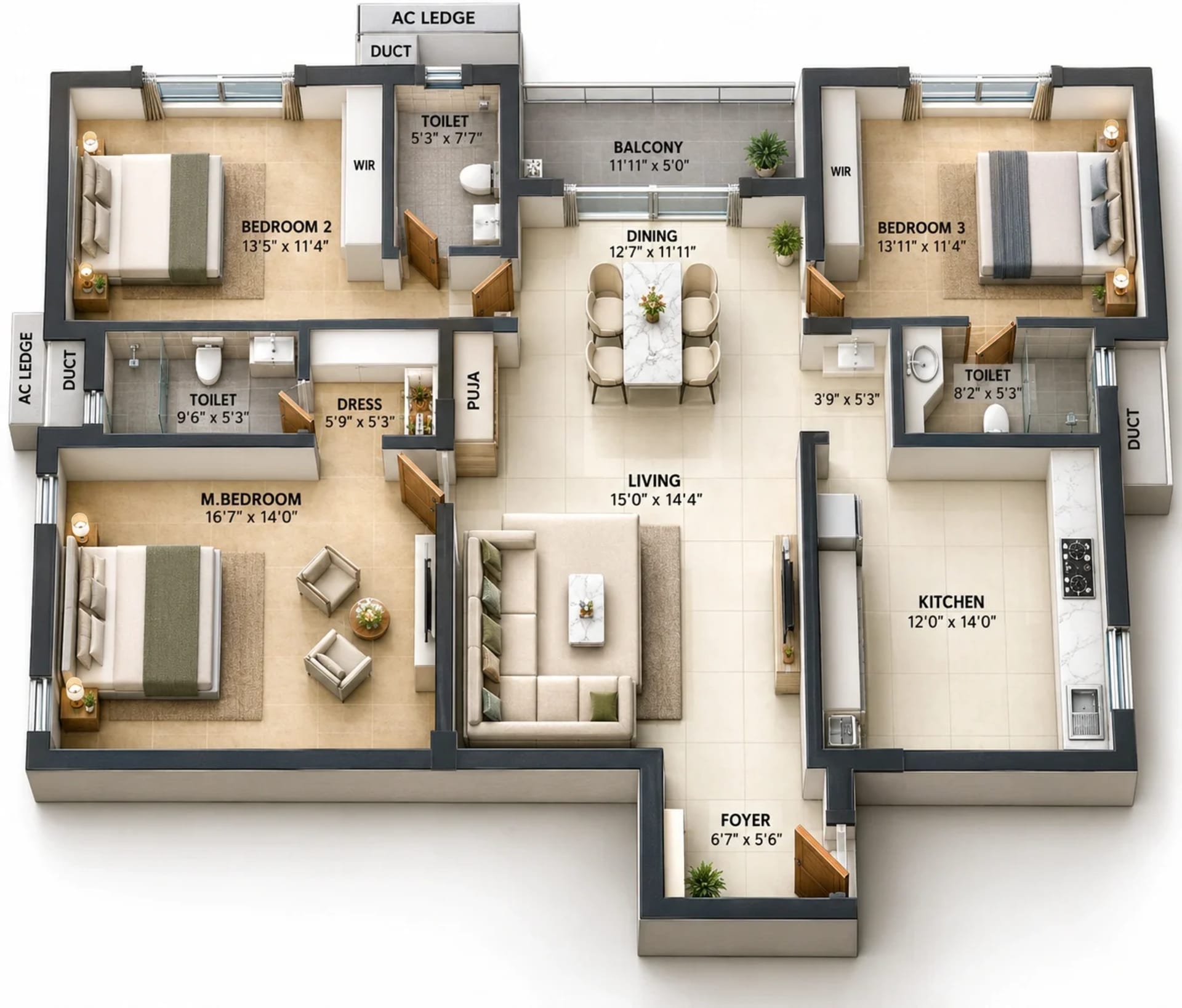 3 BHK Apartment floor plan — 1,896 sqft