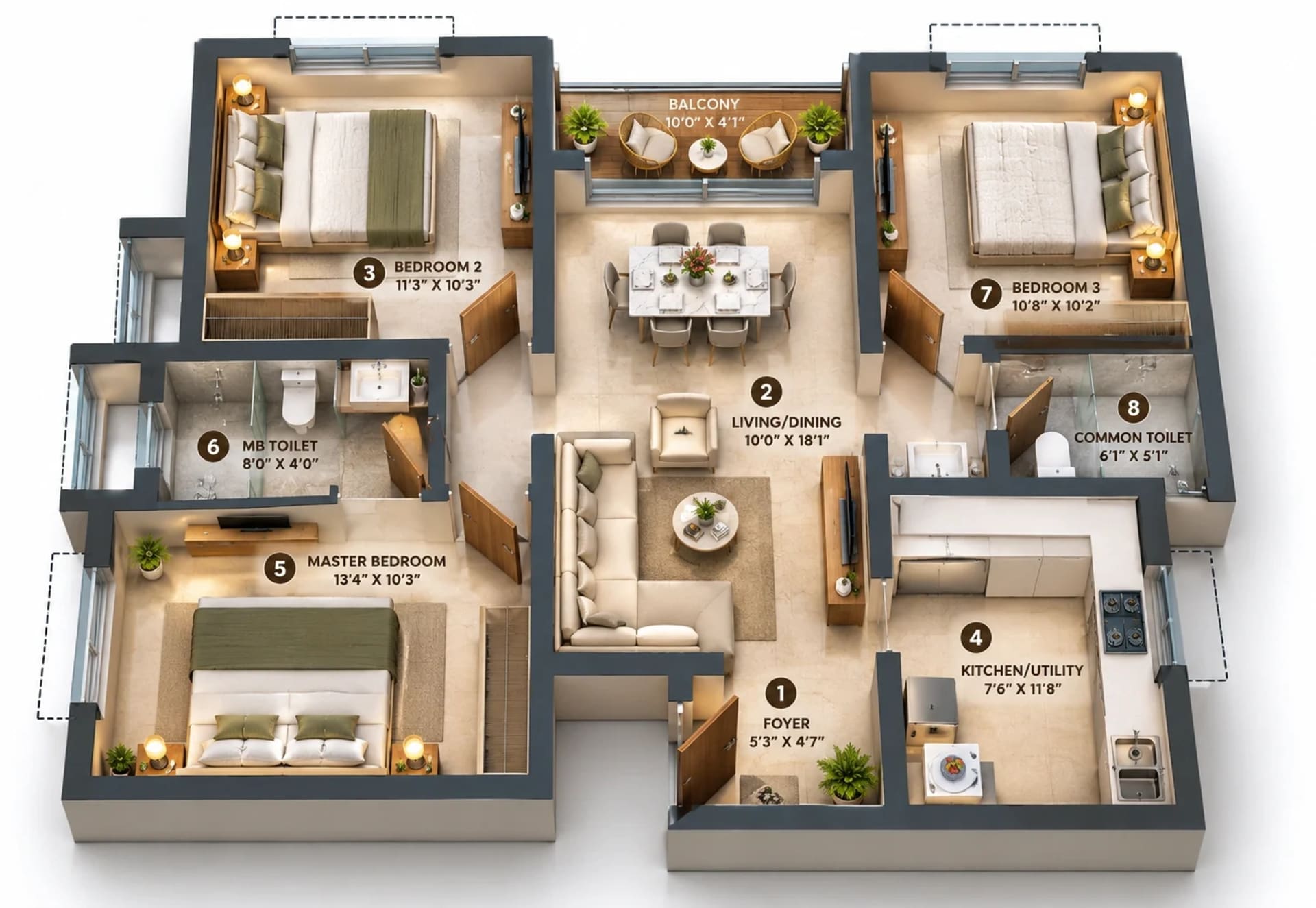 3 BHK Apartment Floor Plan – Lakevista at Purva Windermere