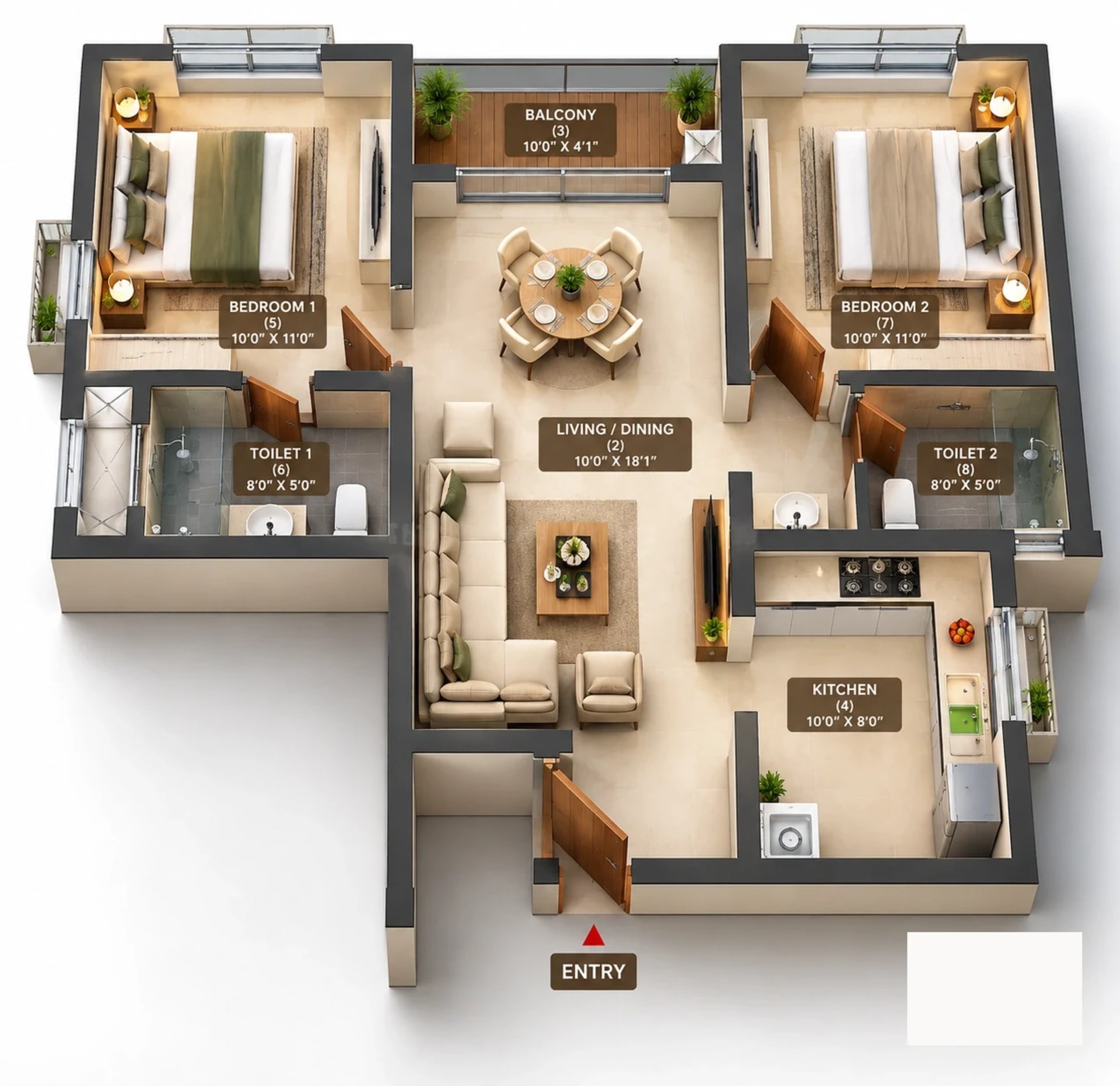 2 BHK Apartment floor plan — 915 sqft