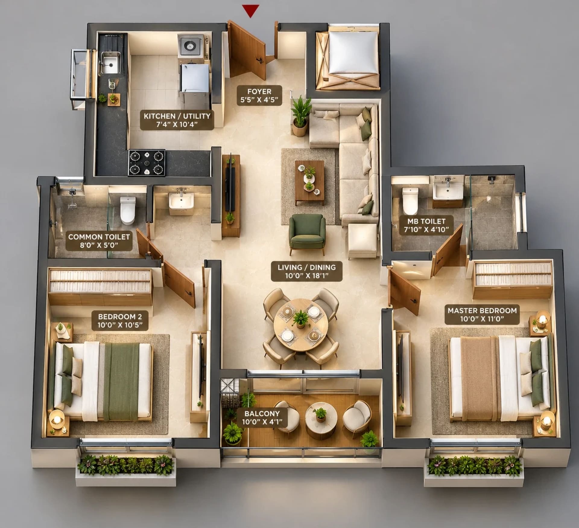 2 BHK Apartment floor plan — 902 sqft