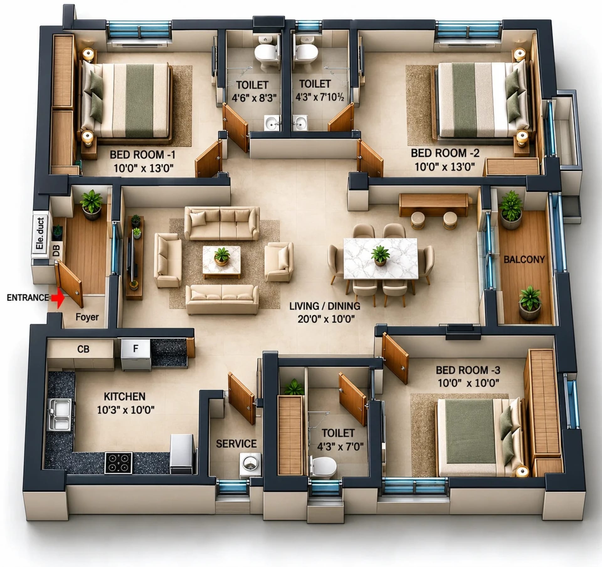 3 BHK Apartment Floor Plan – Nest Beyonce