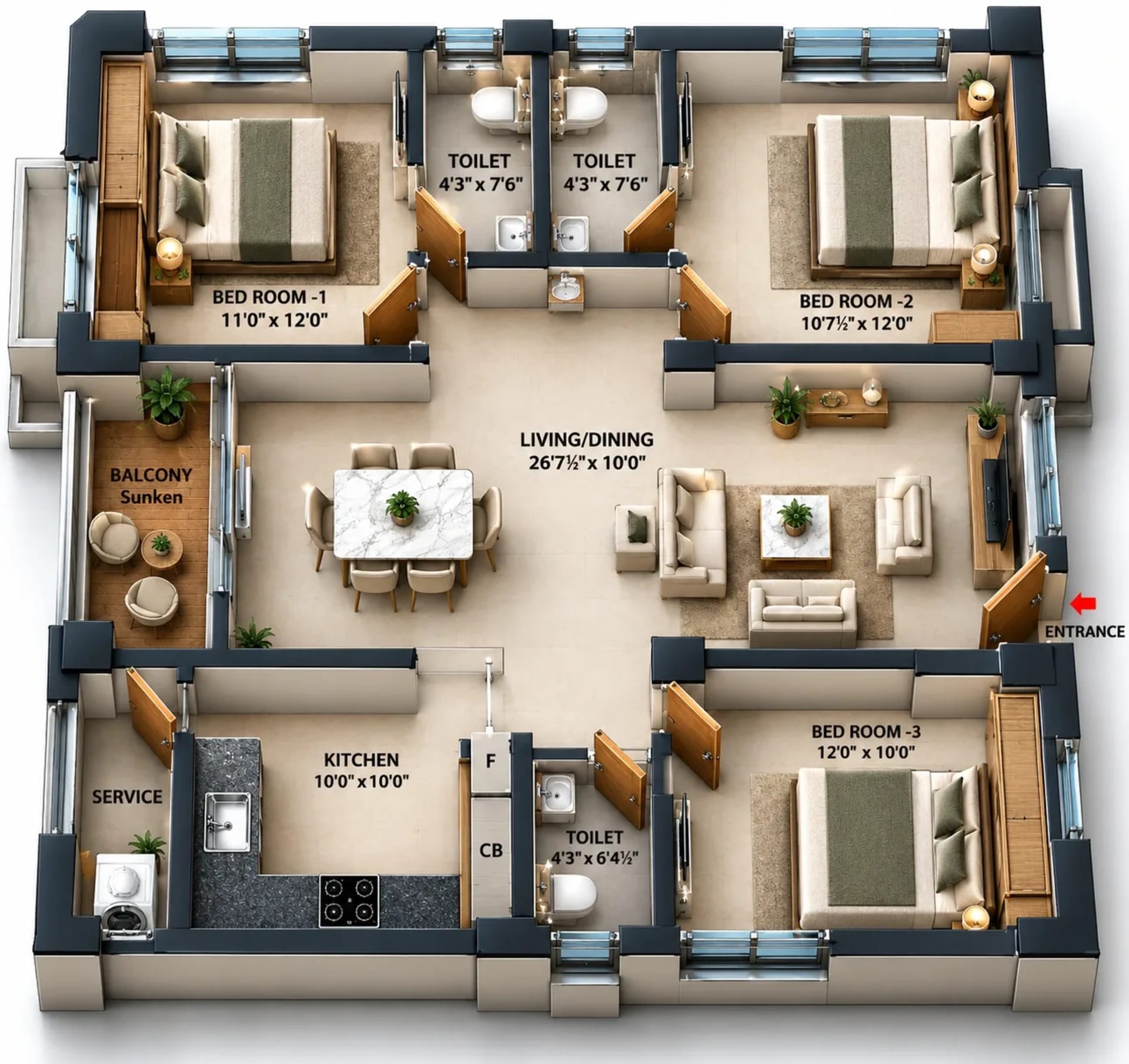 3 BHK Apartment Floor Plan – Nest Beyonce