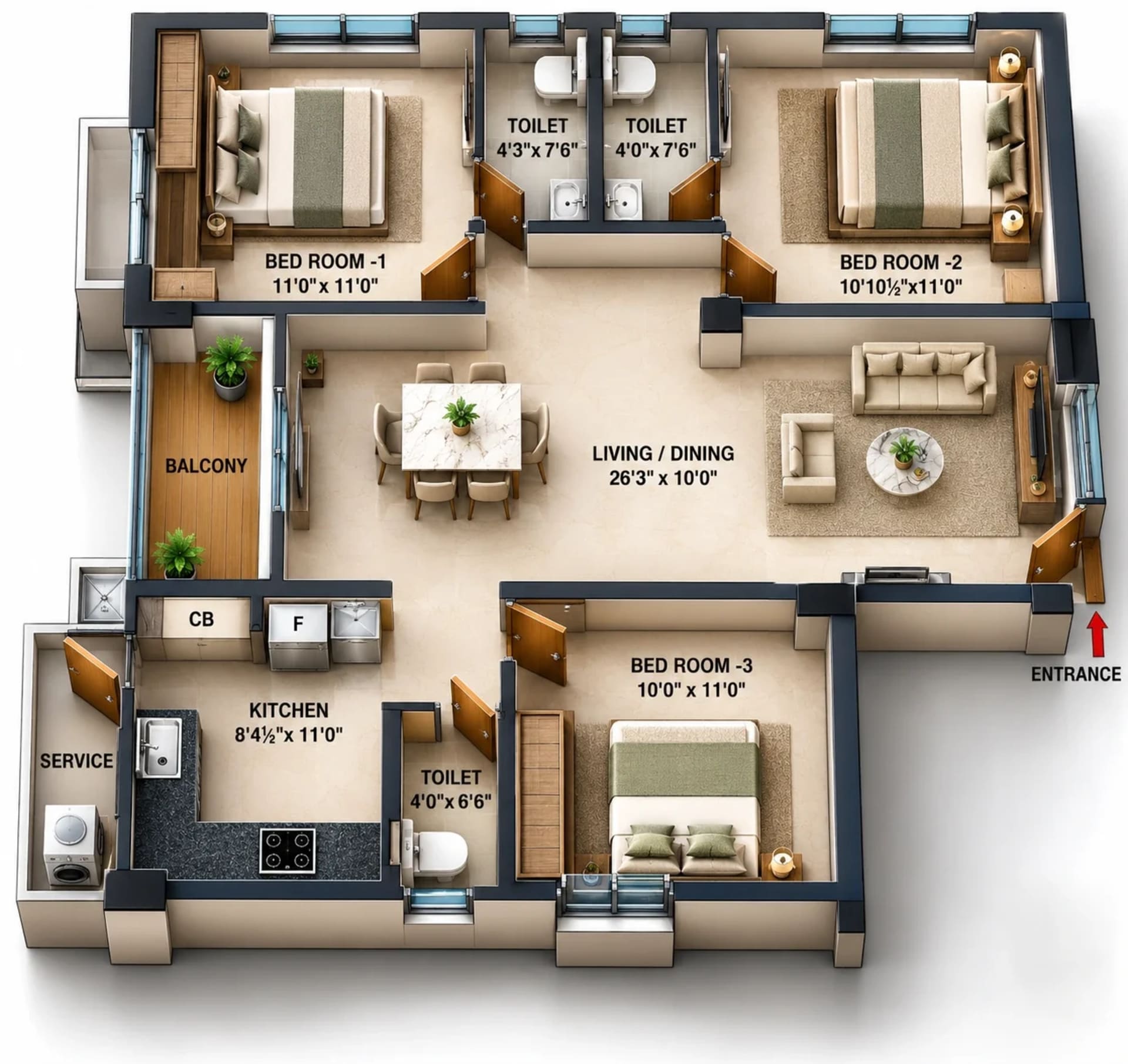 3 BHK Apartment Floor Plan – Nest Beyonce