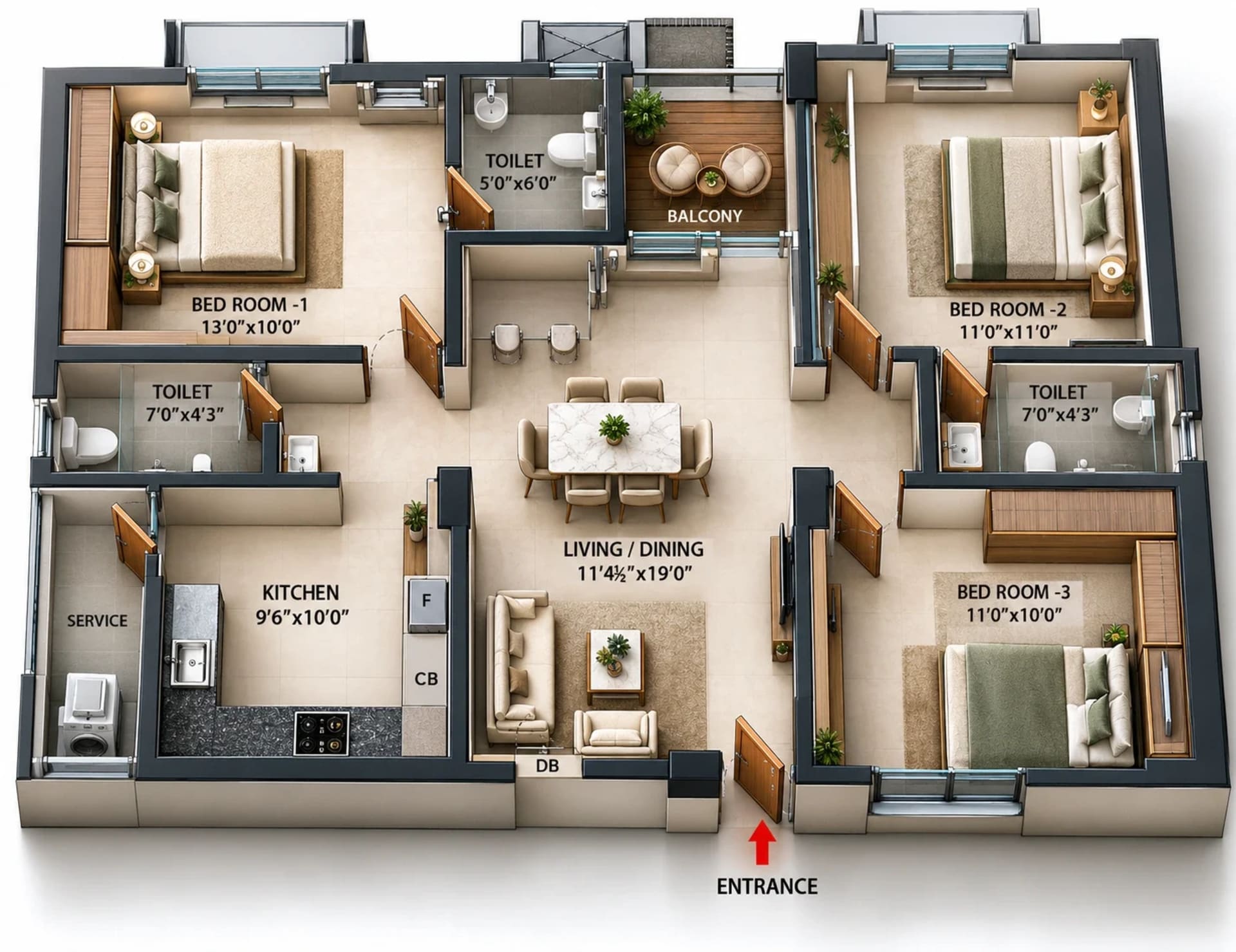 3 BHK Apartment Floor Plan – Nest Beyonce