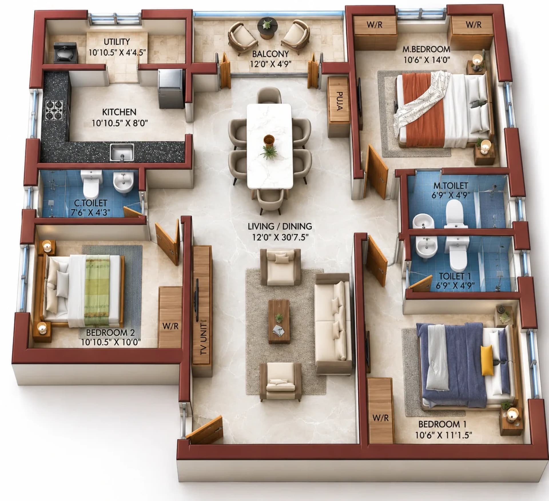 3 BHK Apartment floor plan — 1,500 sqft