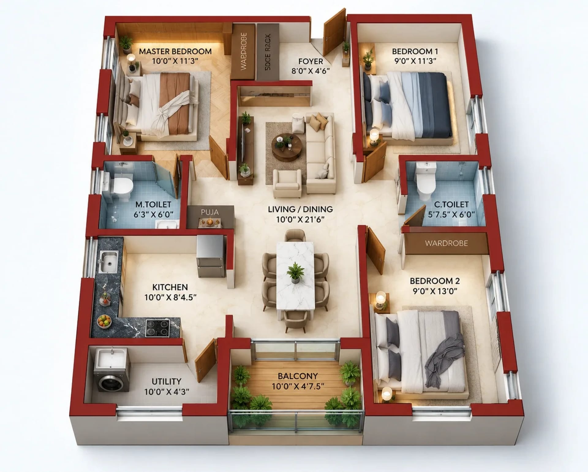 3 BHK Apartment floor plan — 1,240 sqft