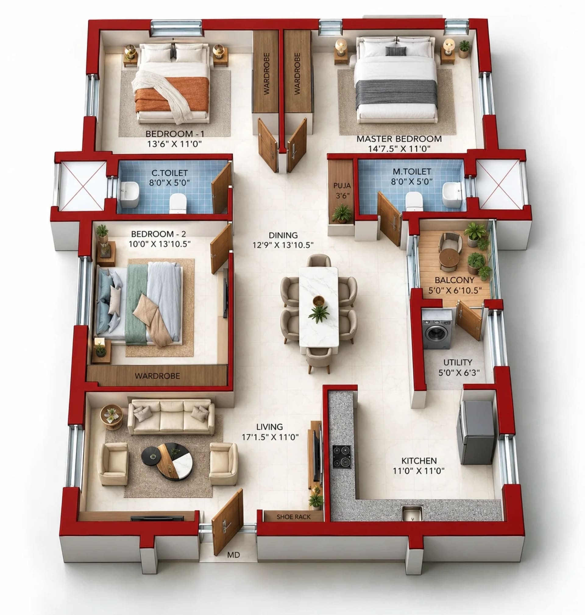 3 BHK Apartment floor plan — 1,566 sqft
