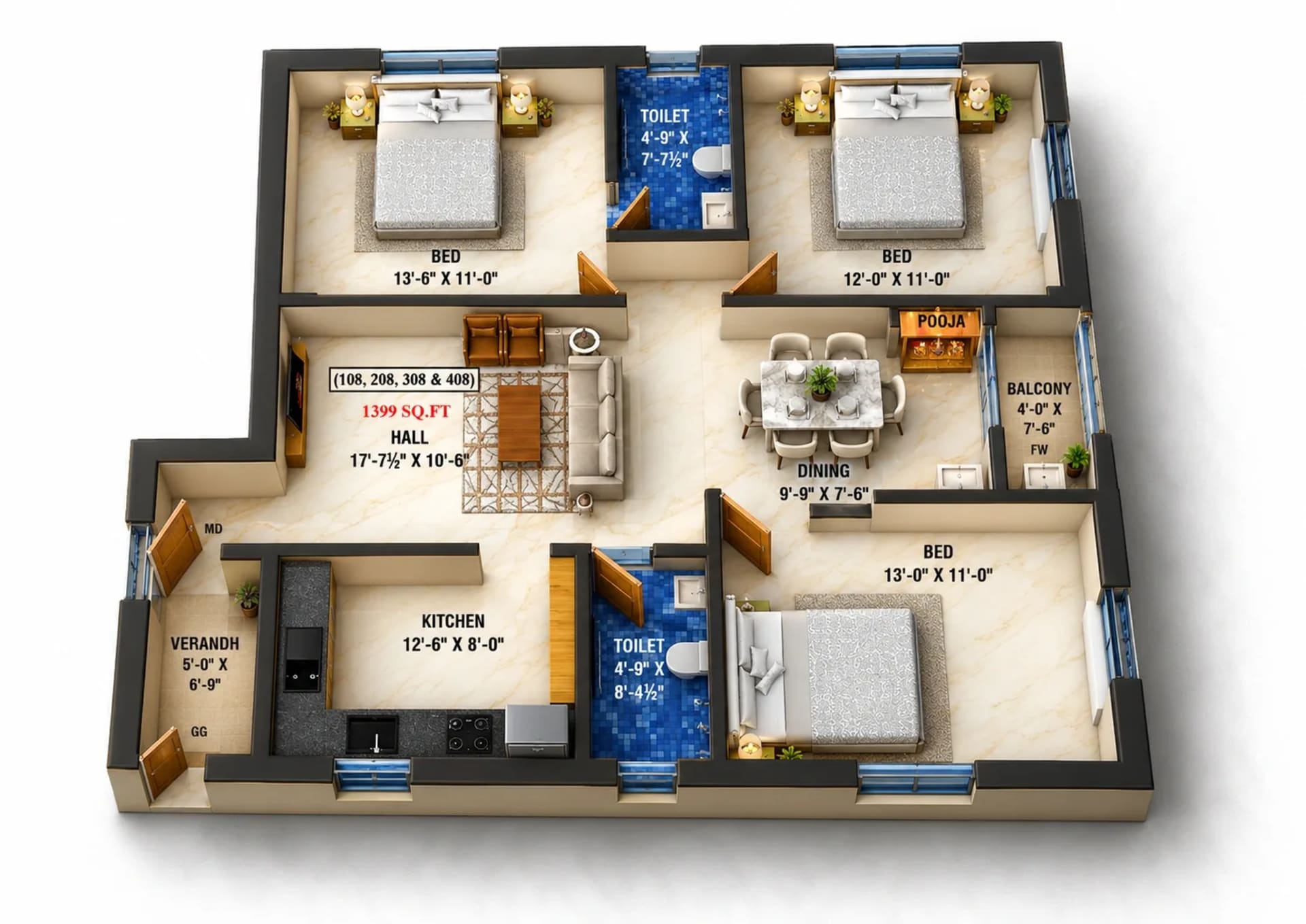 3 BHK Apartment floor plan — 1,399 sqft