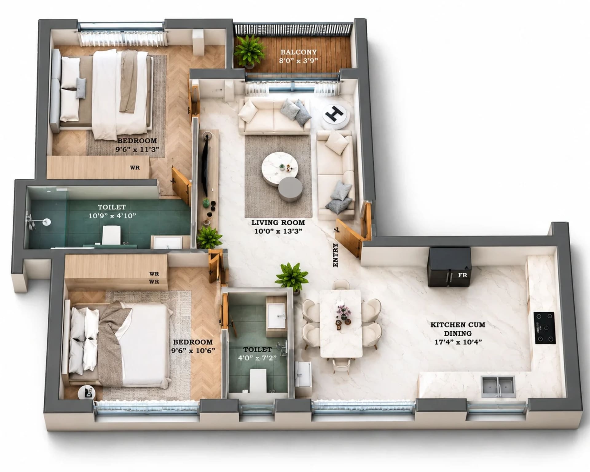 2 BHK Apartment floor plan — 938 sqft