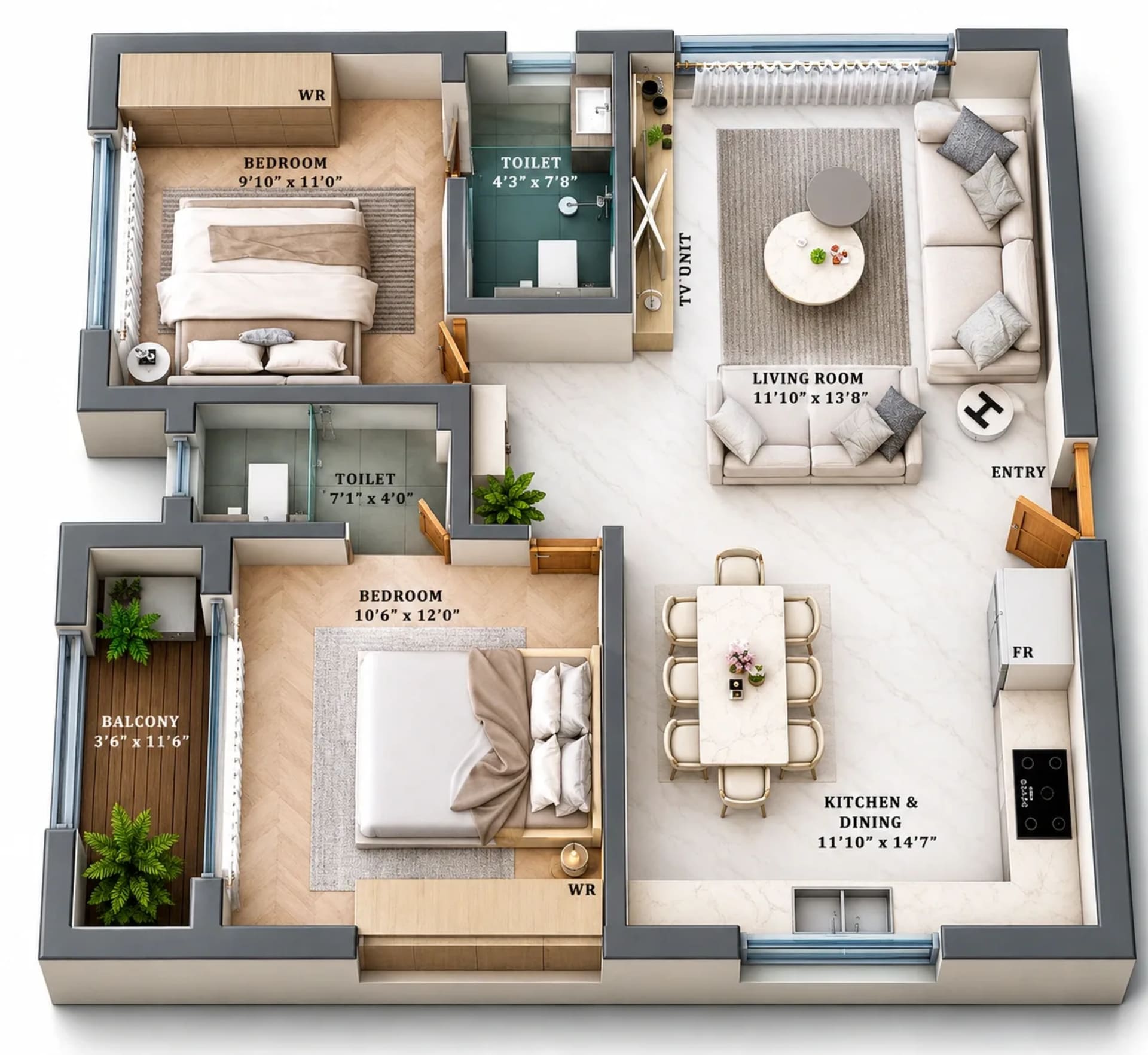 2 BHK Apartment floor plan — 1,010 sqft