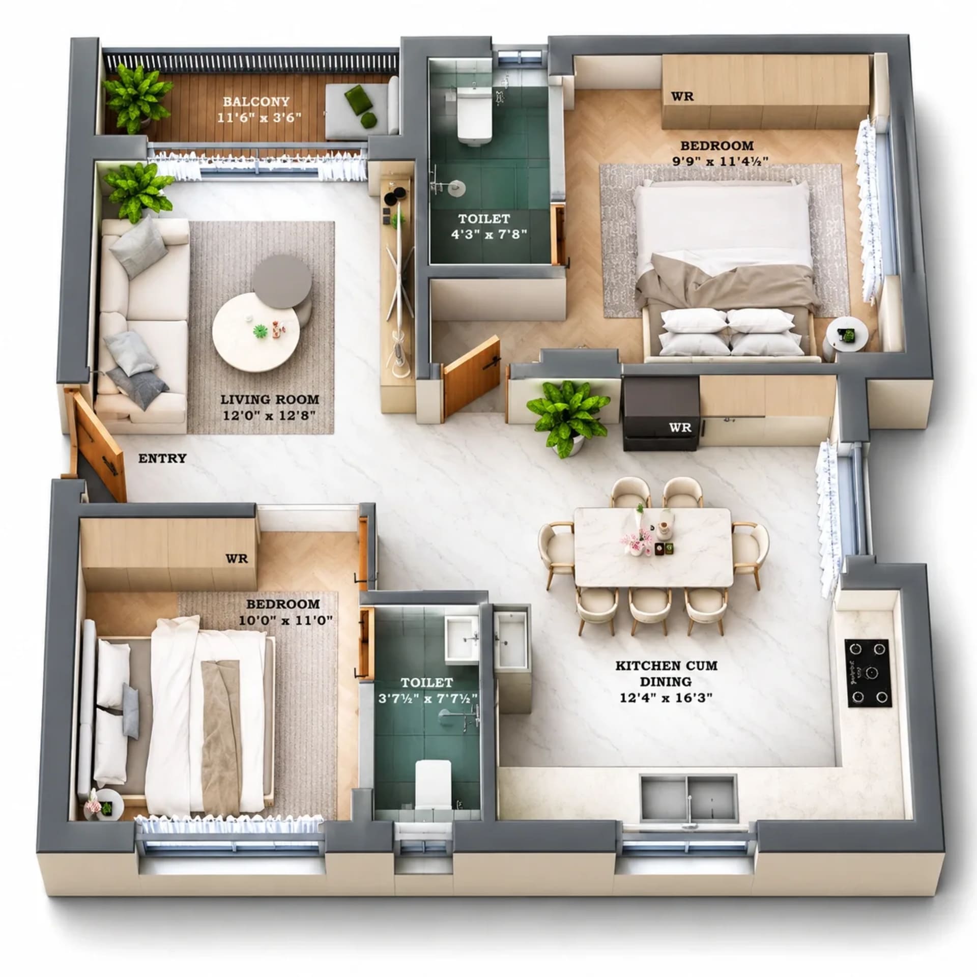 2 BHK Apartment floor plan — 1,016 sqft