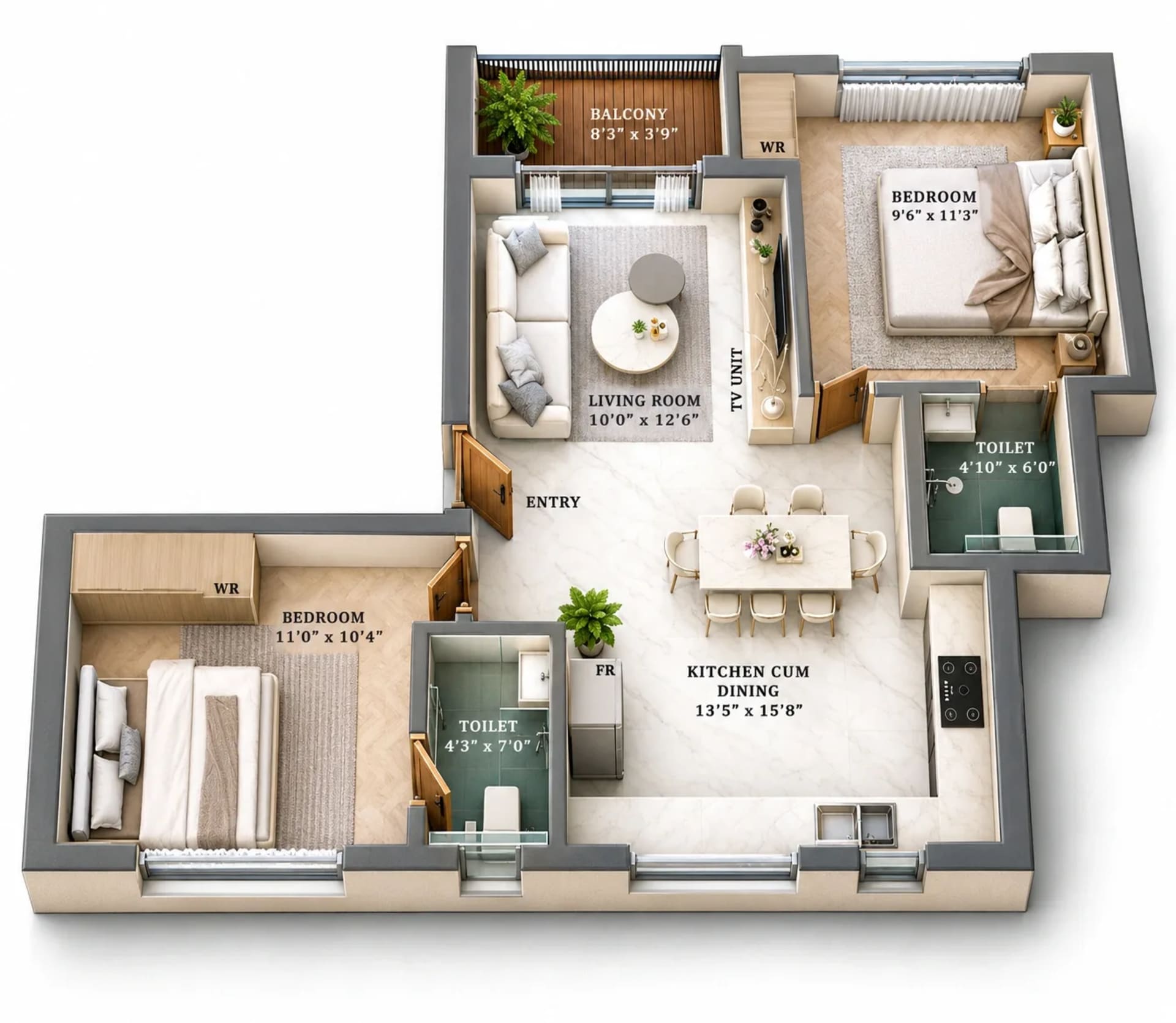 2 BHK Apartment floor plan — 894 sqft
