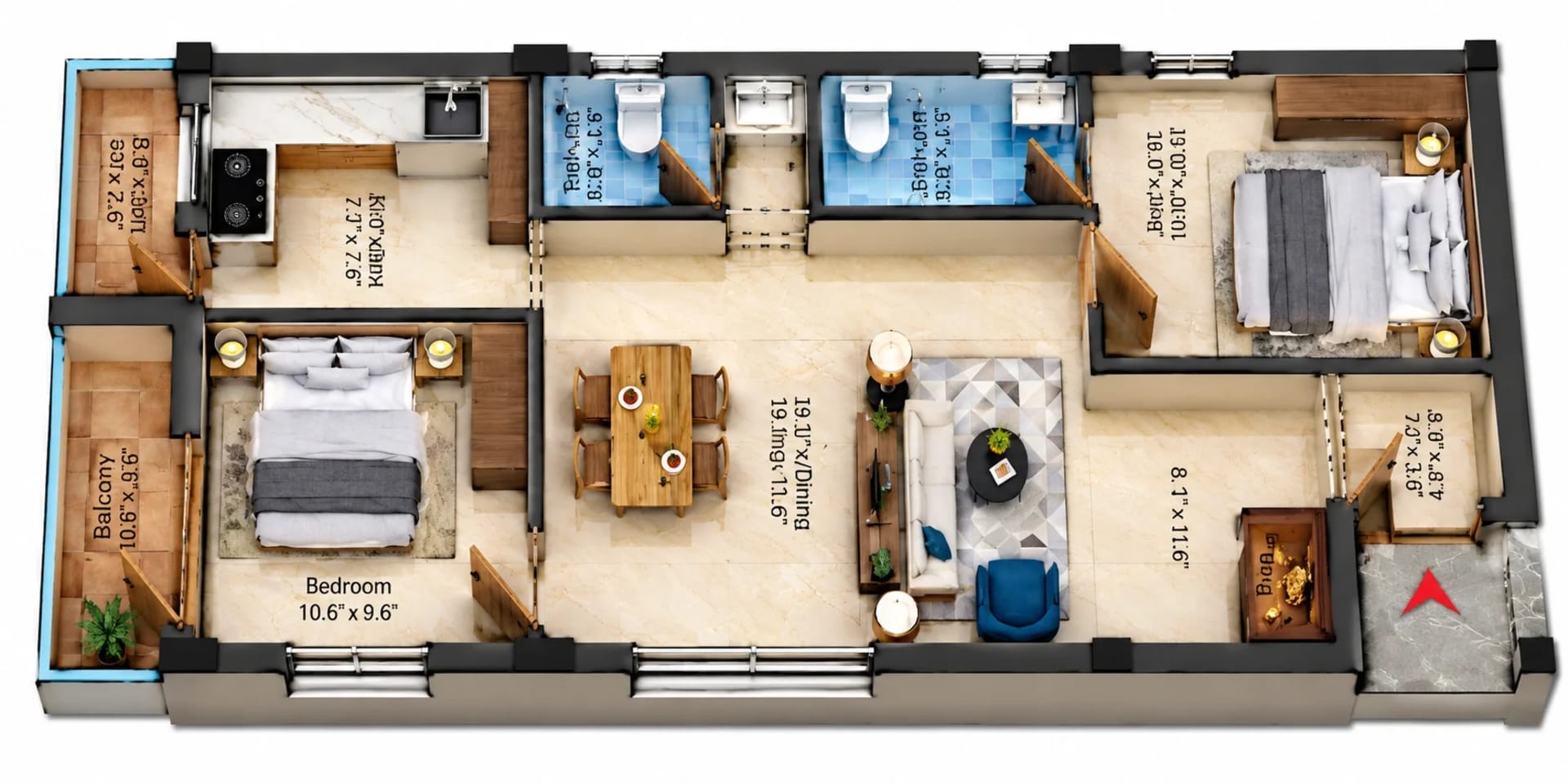 2 BHK Apartment floor plan — 1,015 sqft