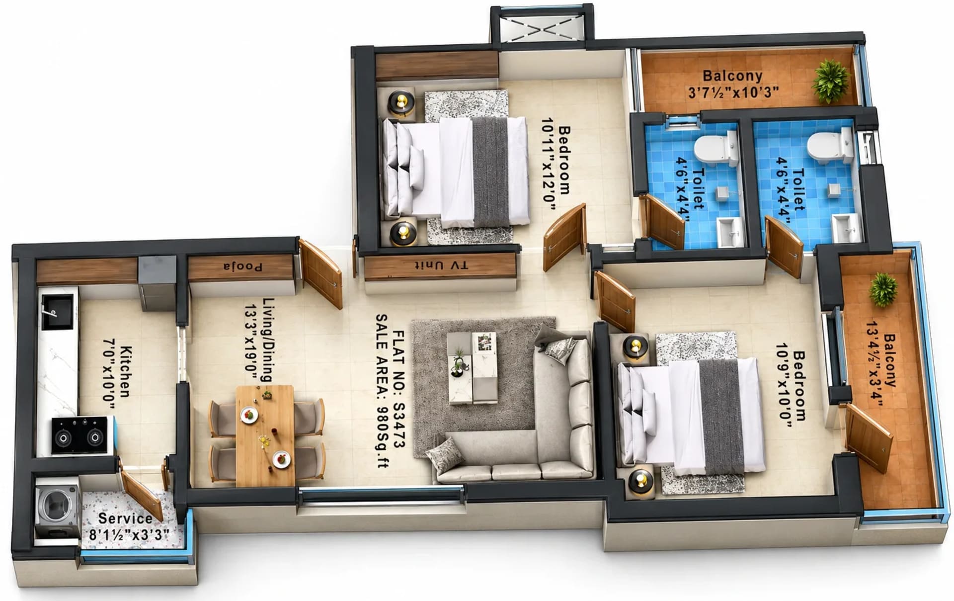 2 BHK Apartment Floor Plan – Cinnamon Breeze