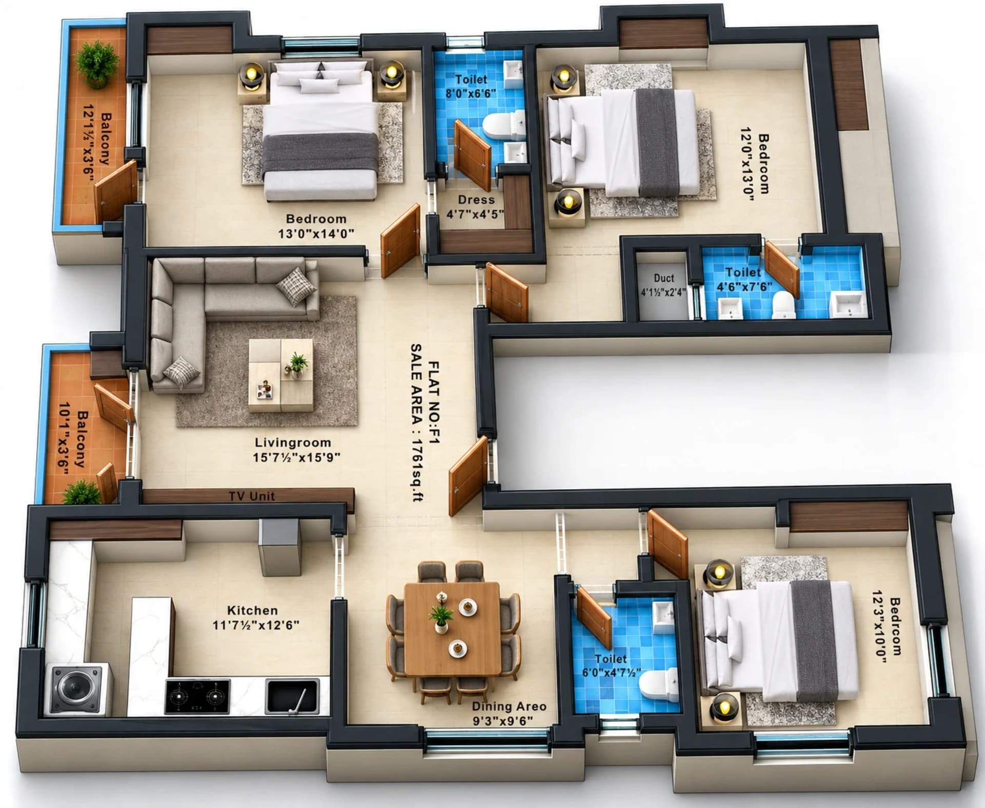 3 BHK Apartment Floor Plan – Cinnamon Breeze