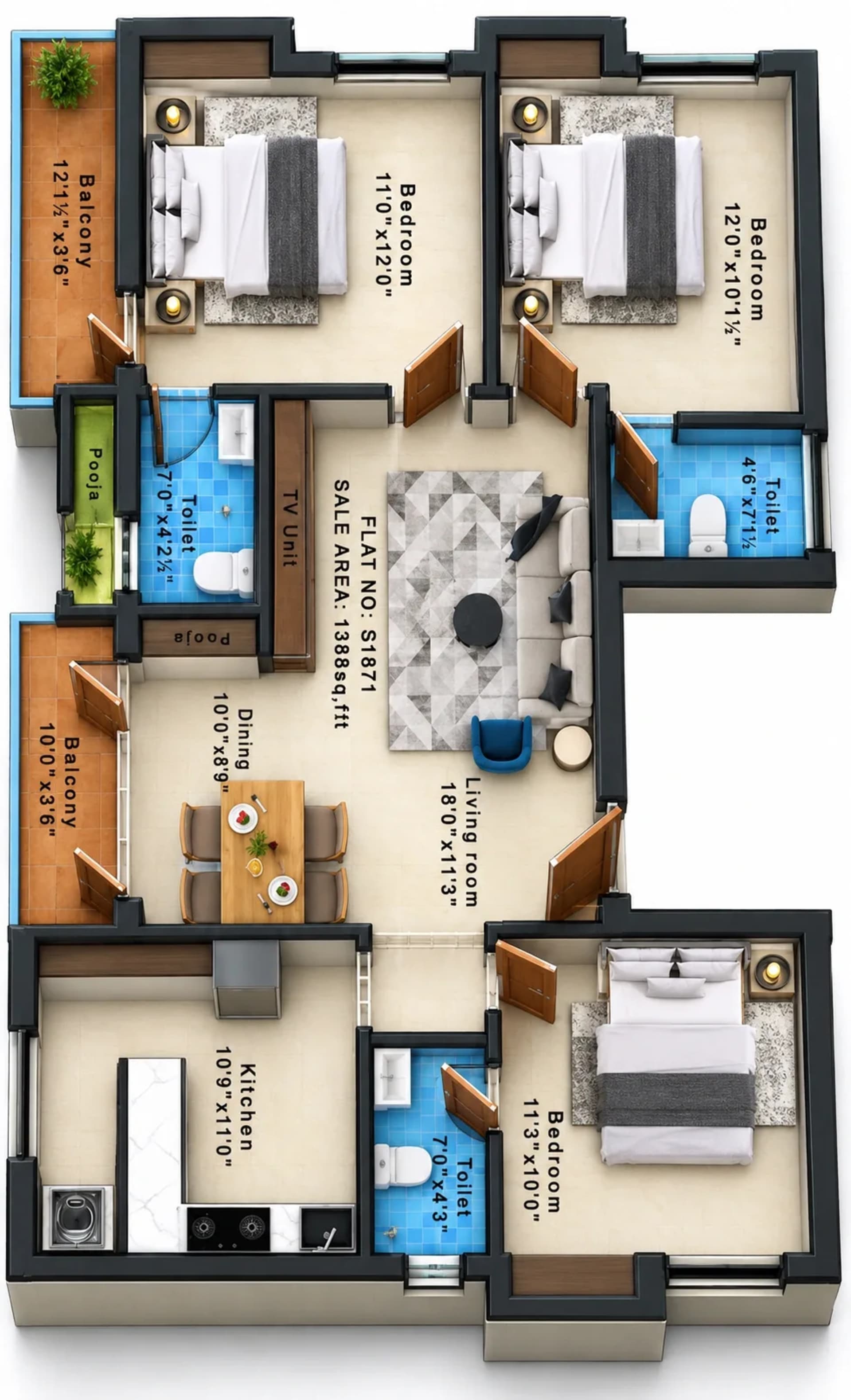 3 BHK Apartment Floor Plan – Cinnamon Breeze