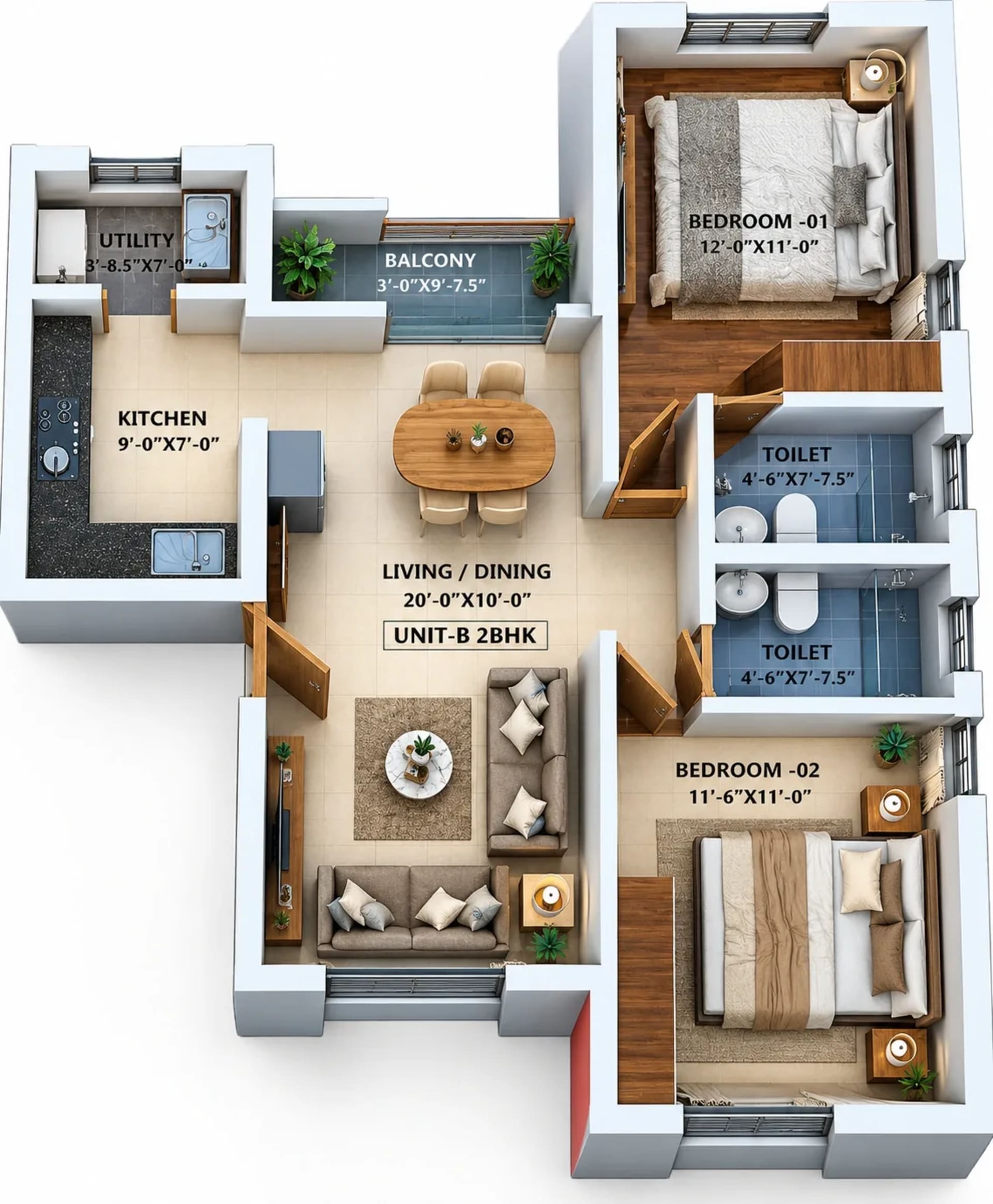 2 BHK Apartment floor plan — 696 sqft