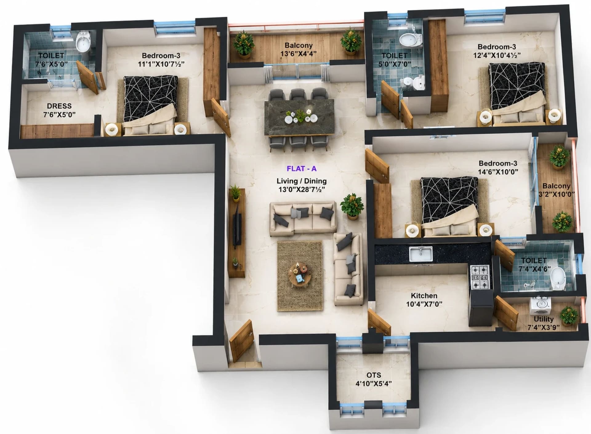 3 BHK Apartment Floor Plan – Avinya Spectra