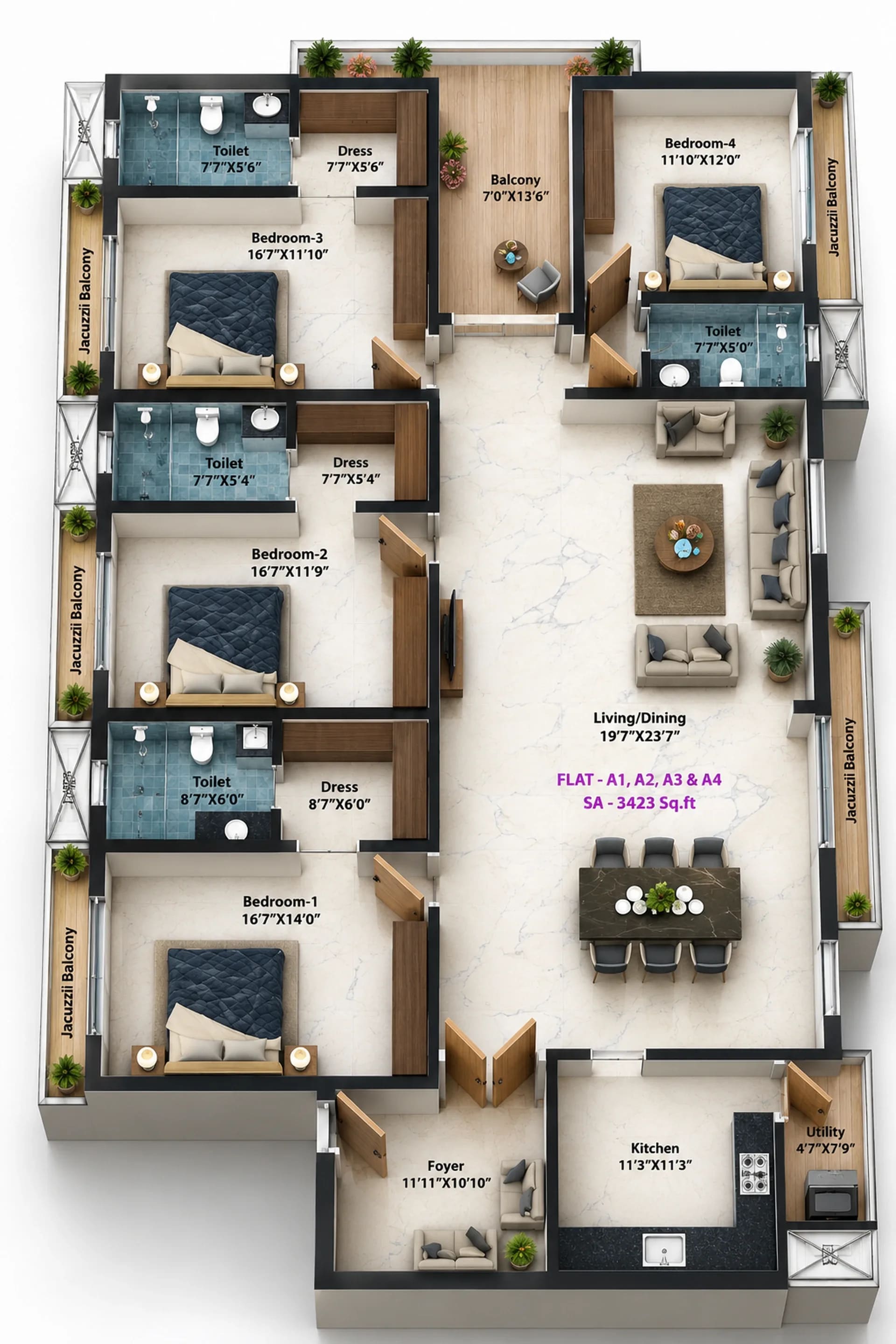 4 BHK Apartment floor plan — 3,423 sqft