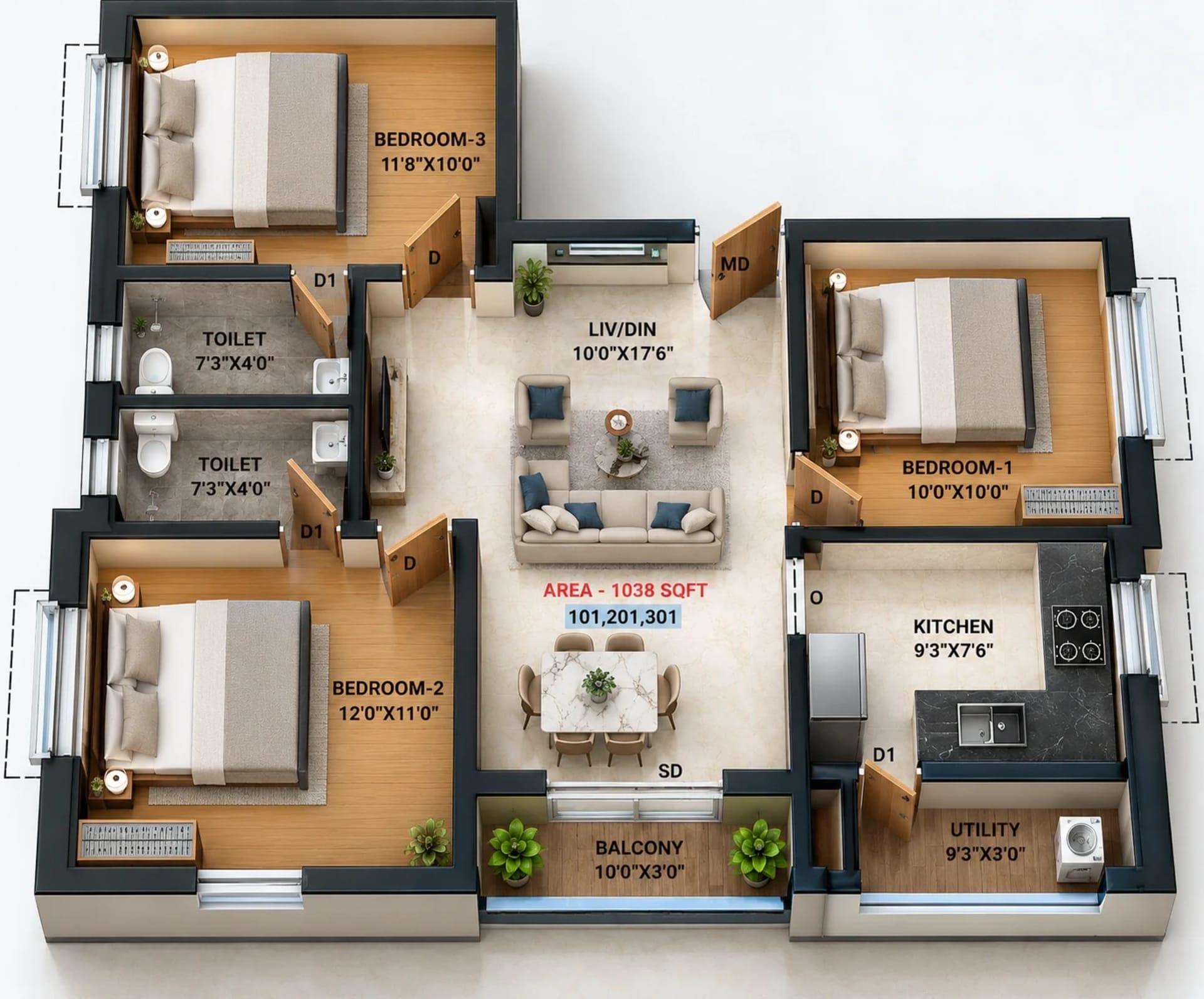 3 BHK Apartment Floor Plan – Rohaan Rose Garden