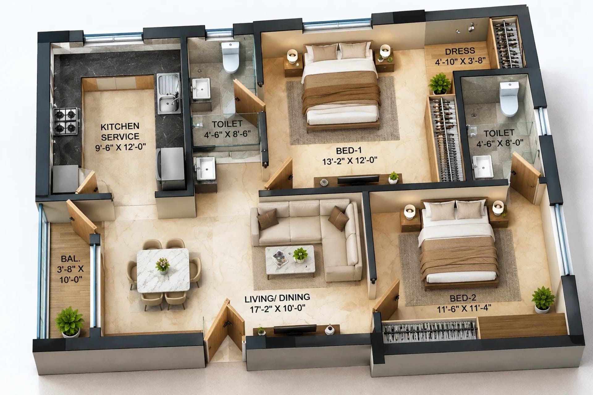 2 BHK Apartment floor plan — 1,000 sqft