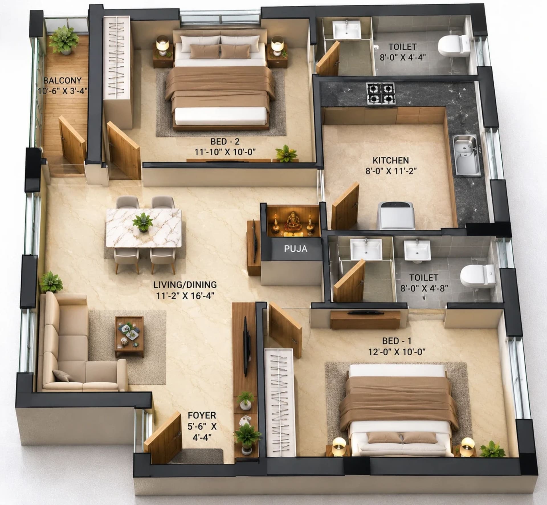 2 BHK Apartment floor plan — 970 sqft
