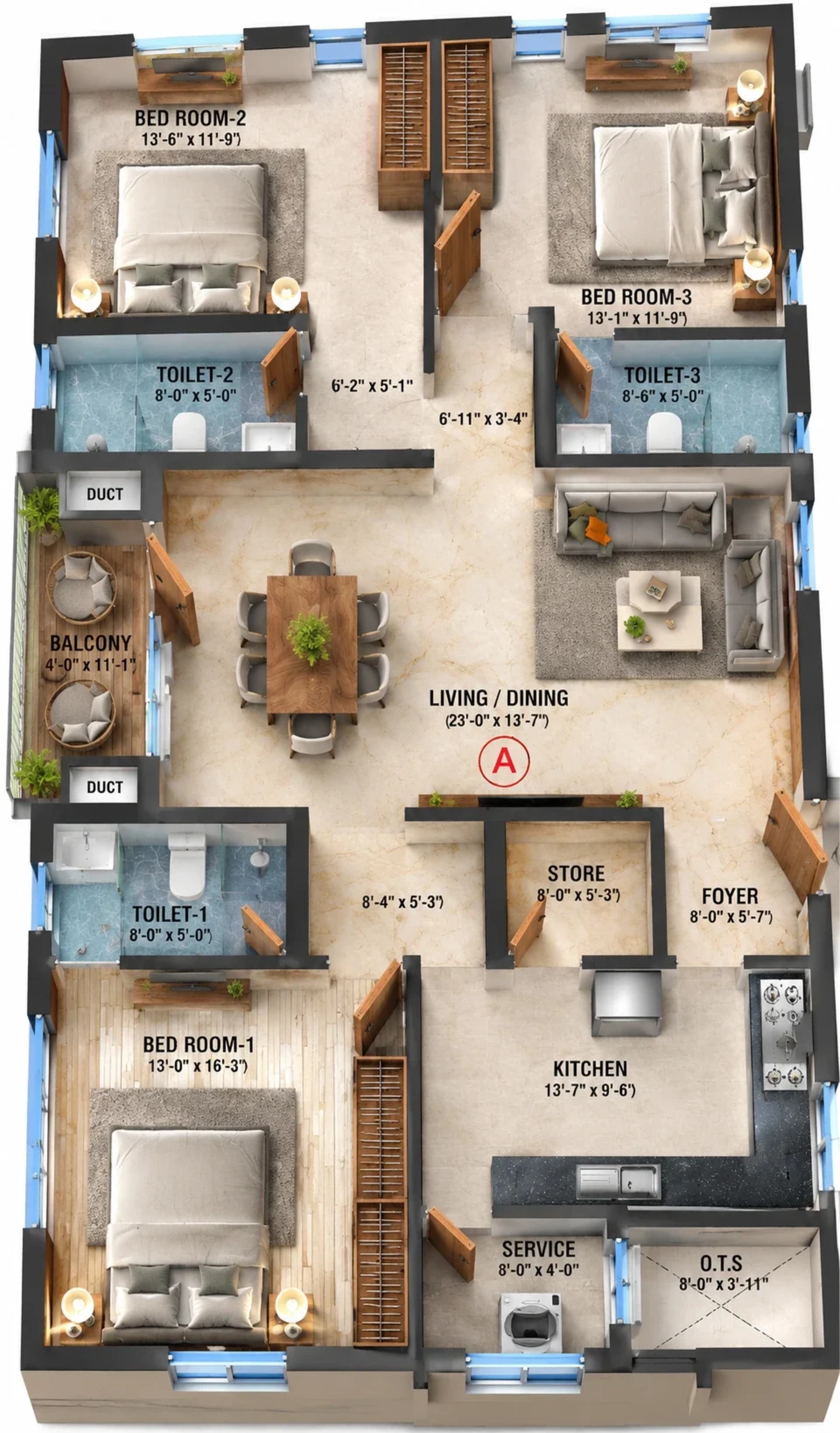 3 BHK Apartment floor plan — 1,572 sqft