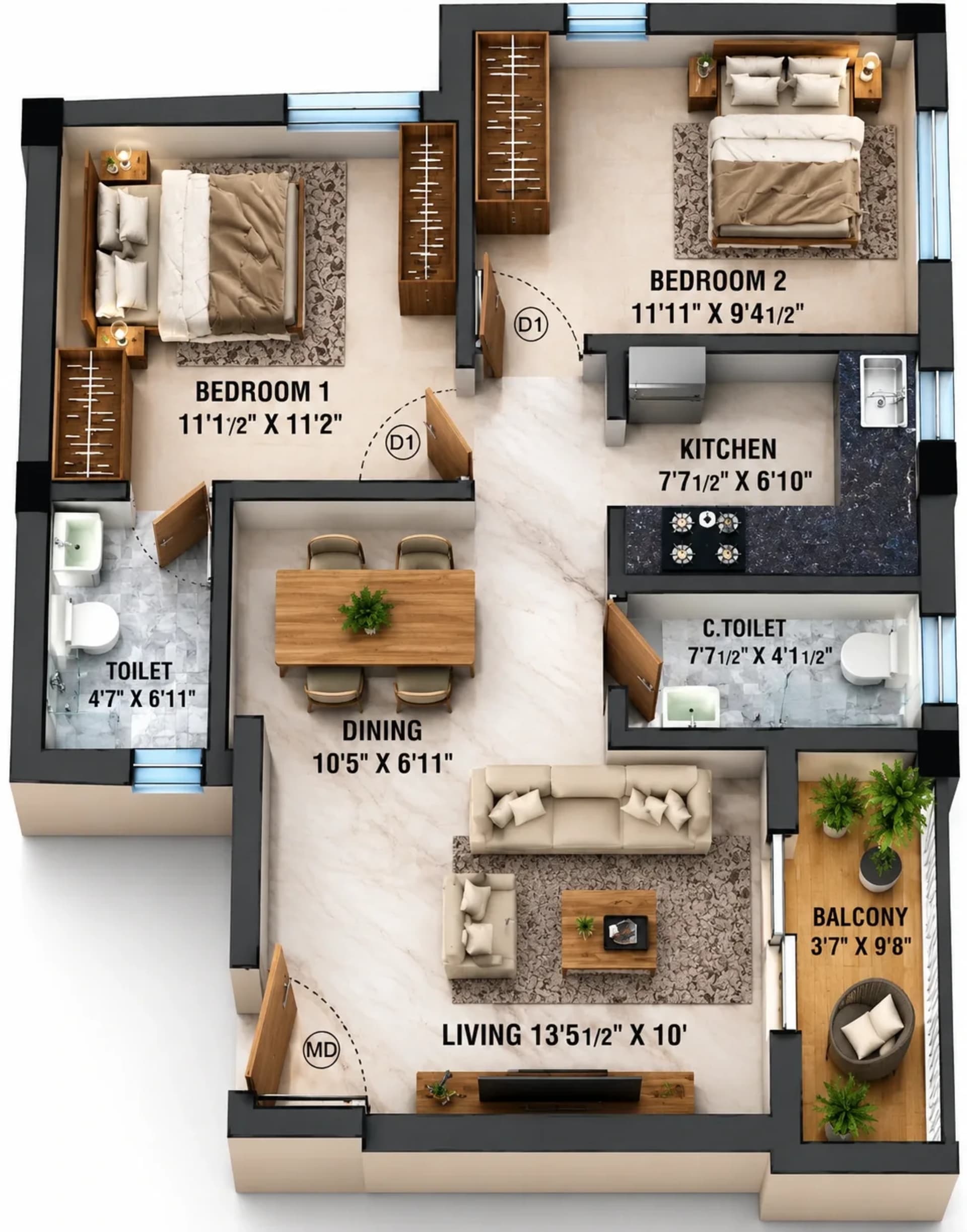 2 BHK Apartment floor plan — 874 sqft