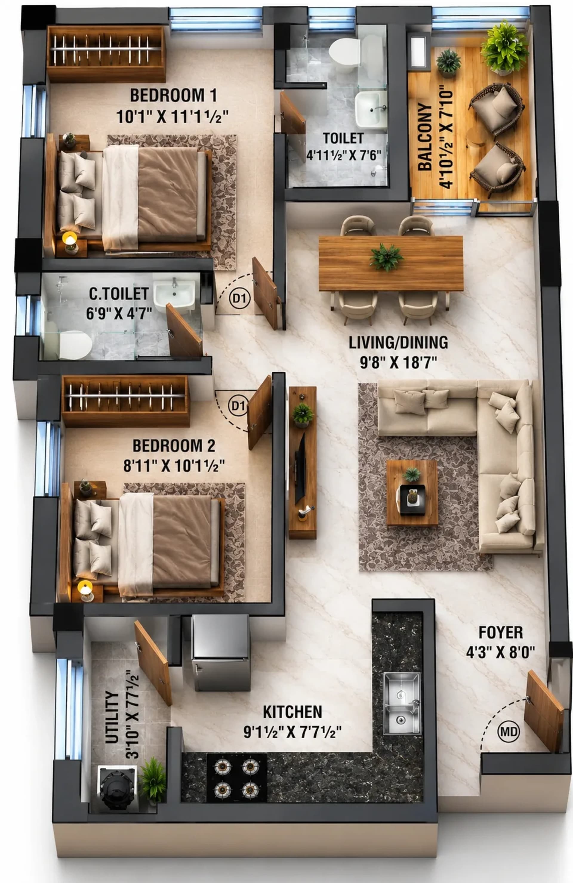 2 BHK Apartment floor plan — 904 sqft