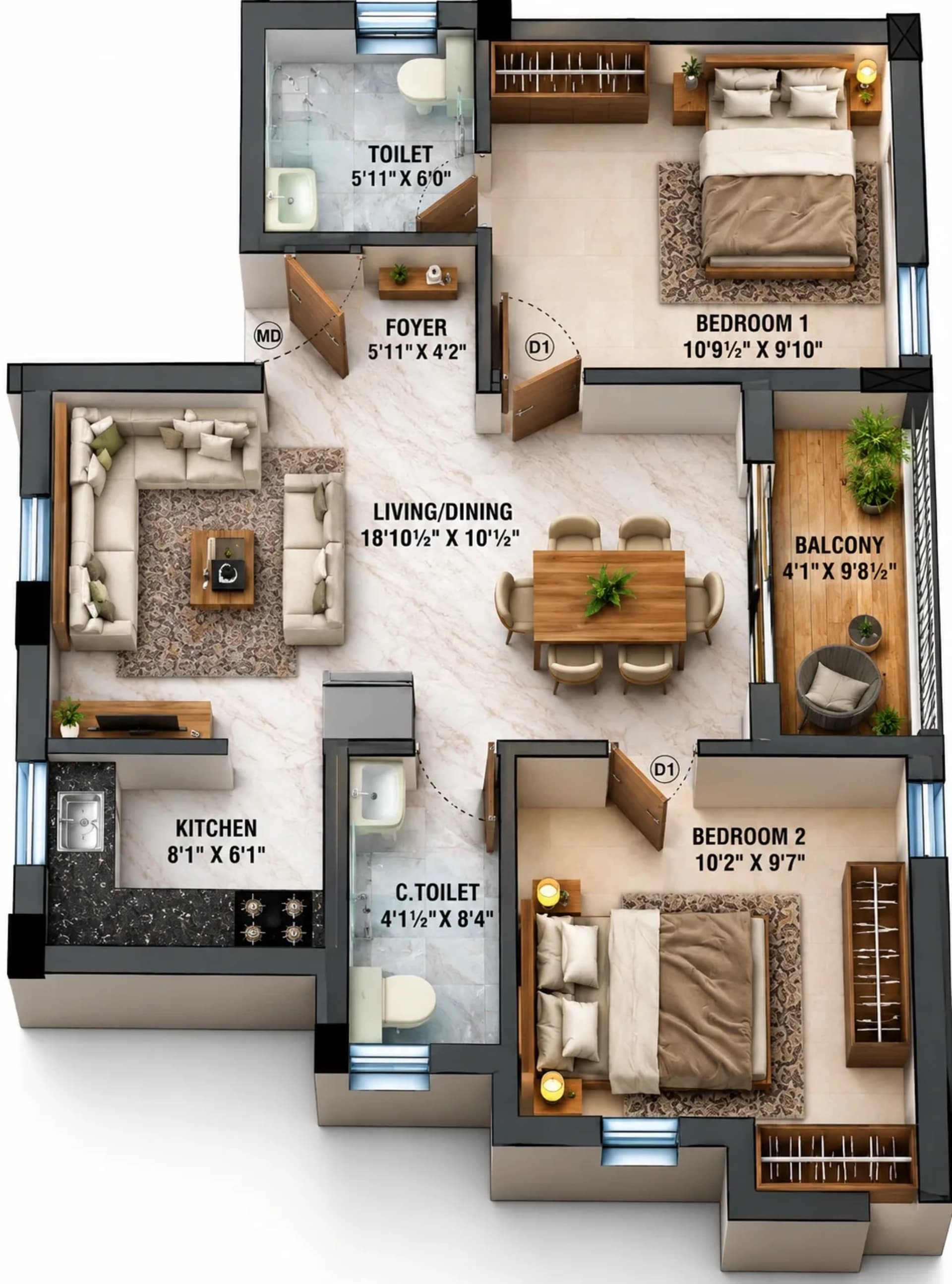 2 BHK Apartment floor plan — 856 sqft