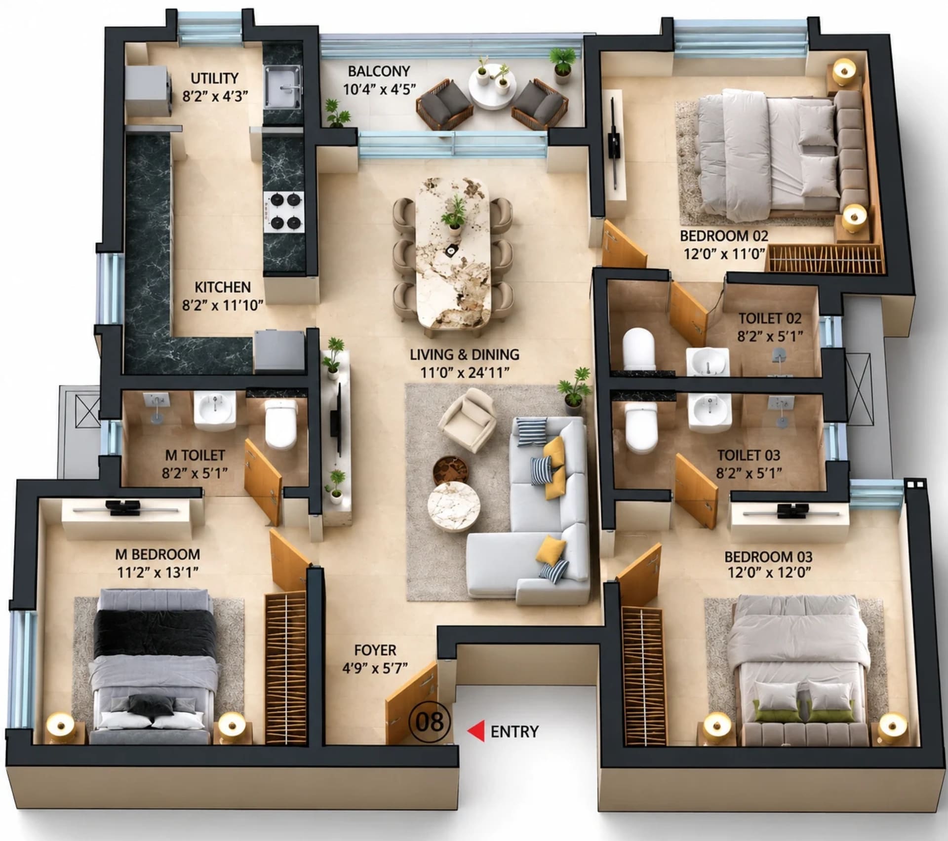 3 BHK Apartment Floor Plan – Cullinan