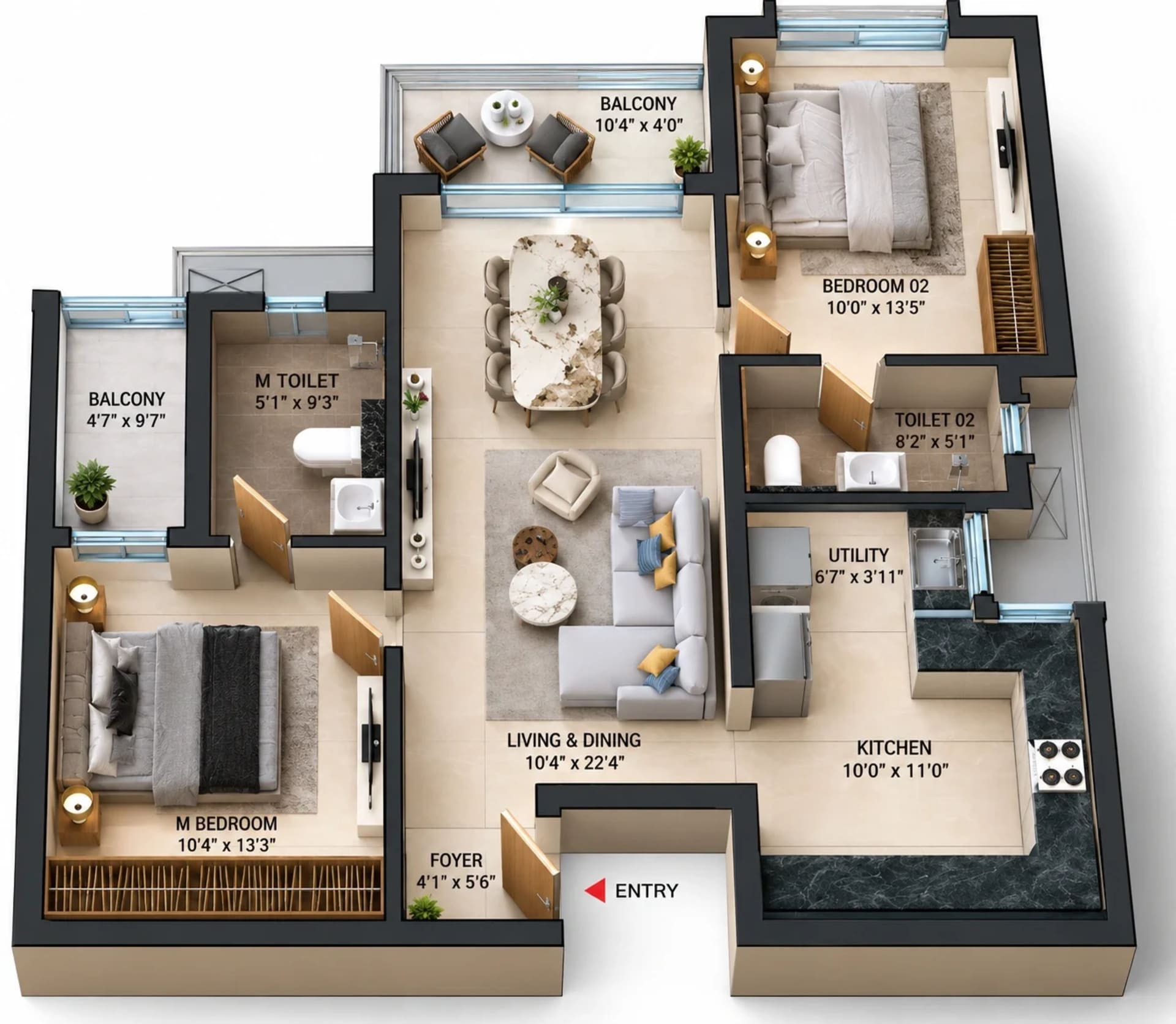 2 BHK Apartment floor plan — 1,243 sqft