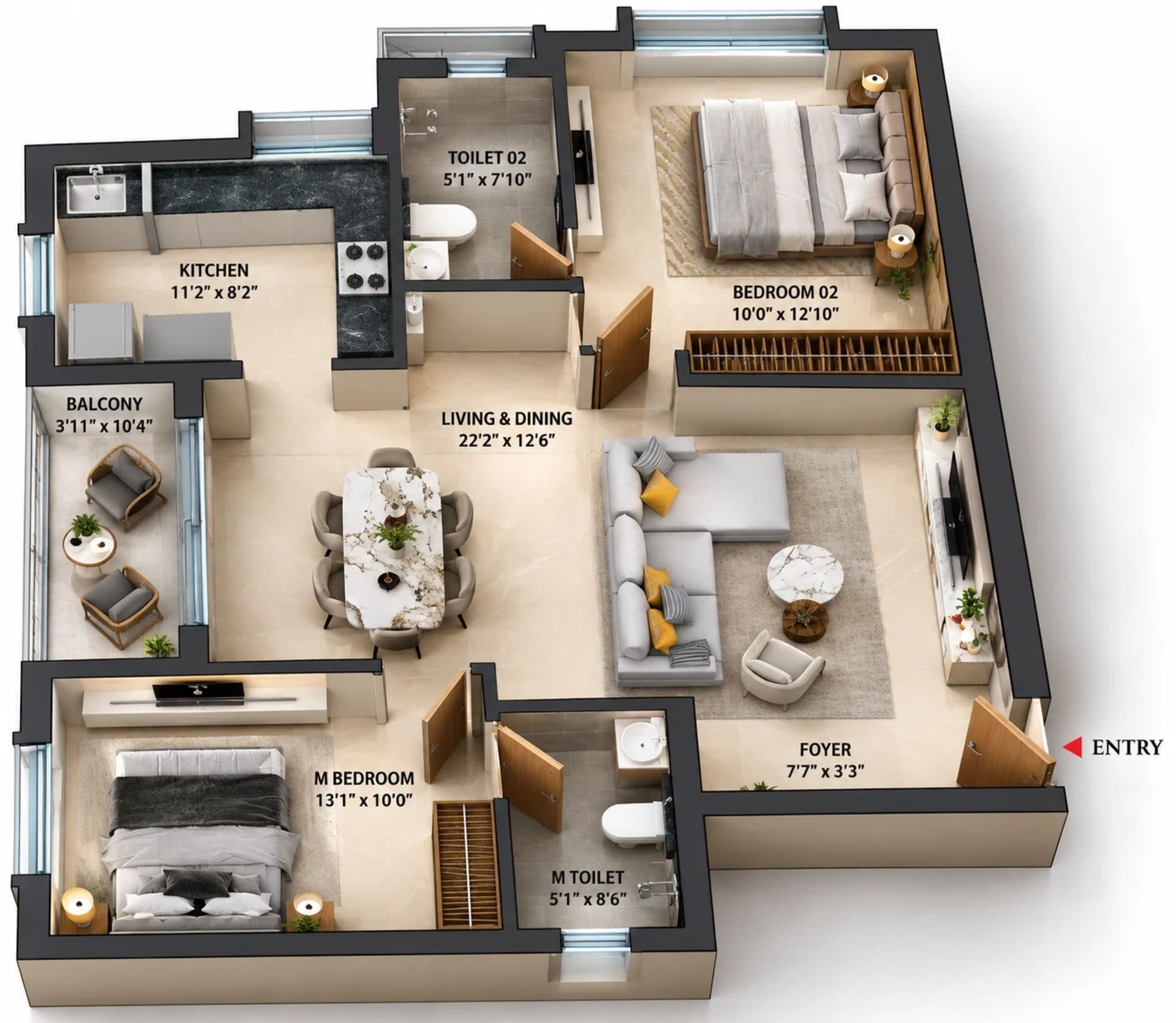 2 BHK Apartment floor plan — 1,141 sqft