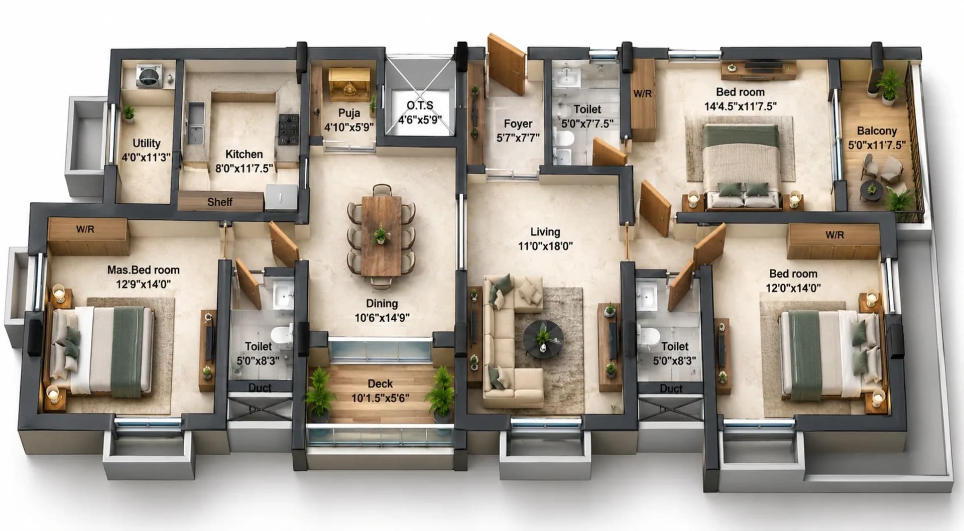 3 BHK Apartment Floor Plan – Indu Coral