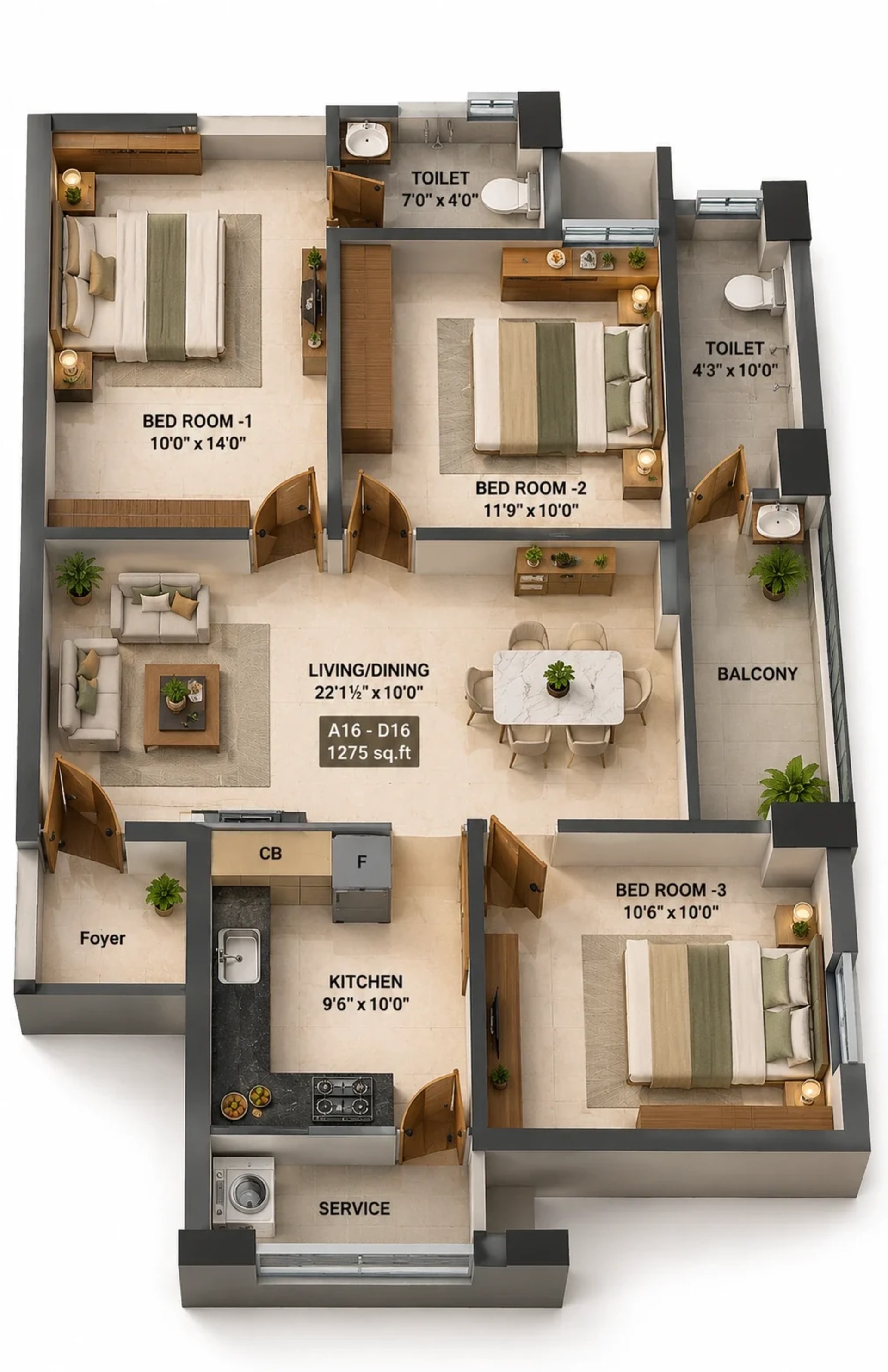 3 BHK Apartment floor plan — 1,275 sqft