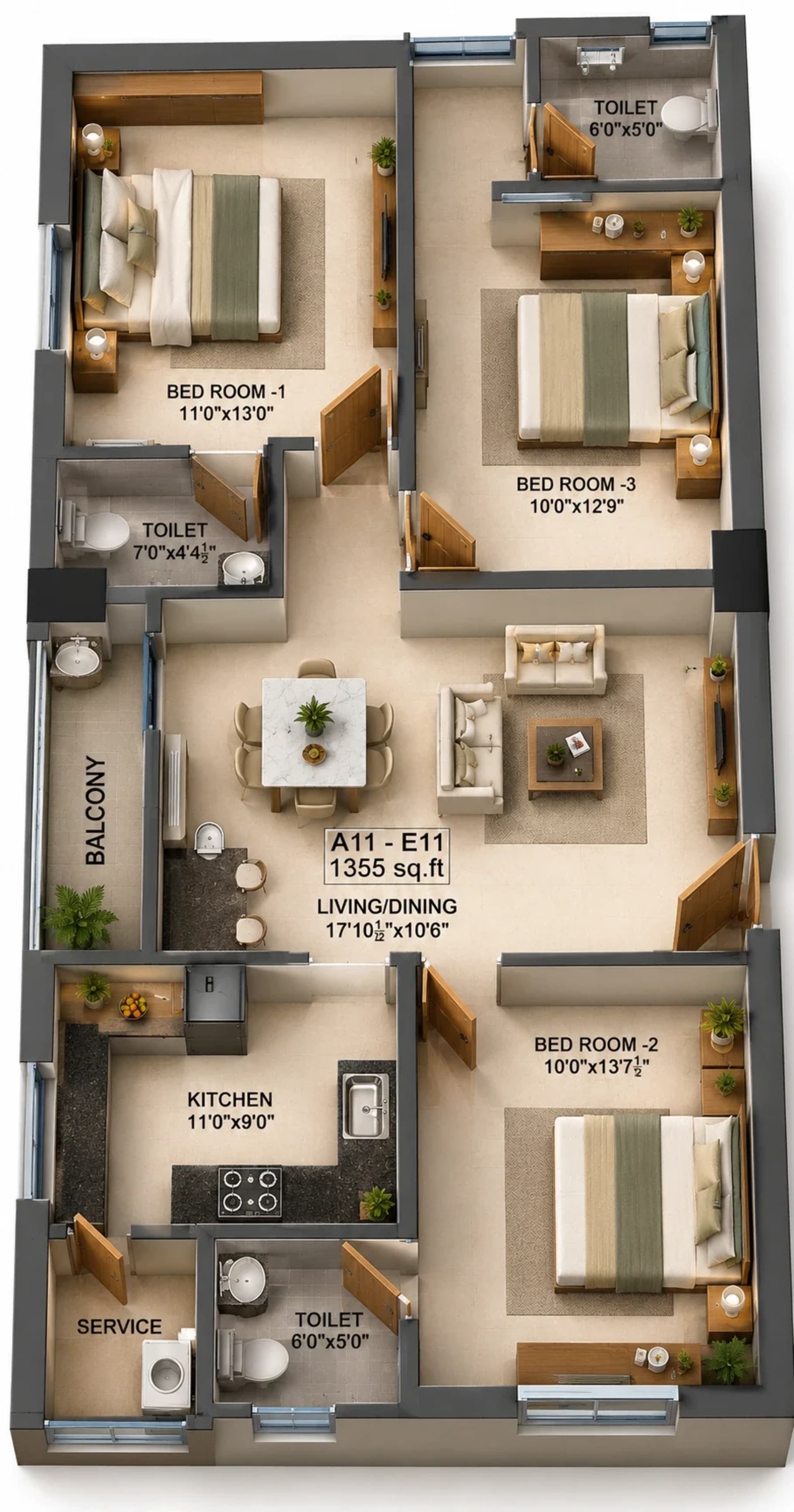 3 BHK Apartment floor plan — 1,355 sqft
